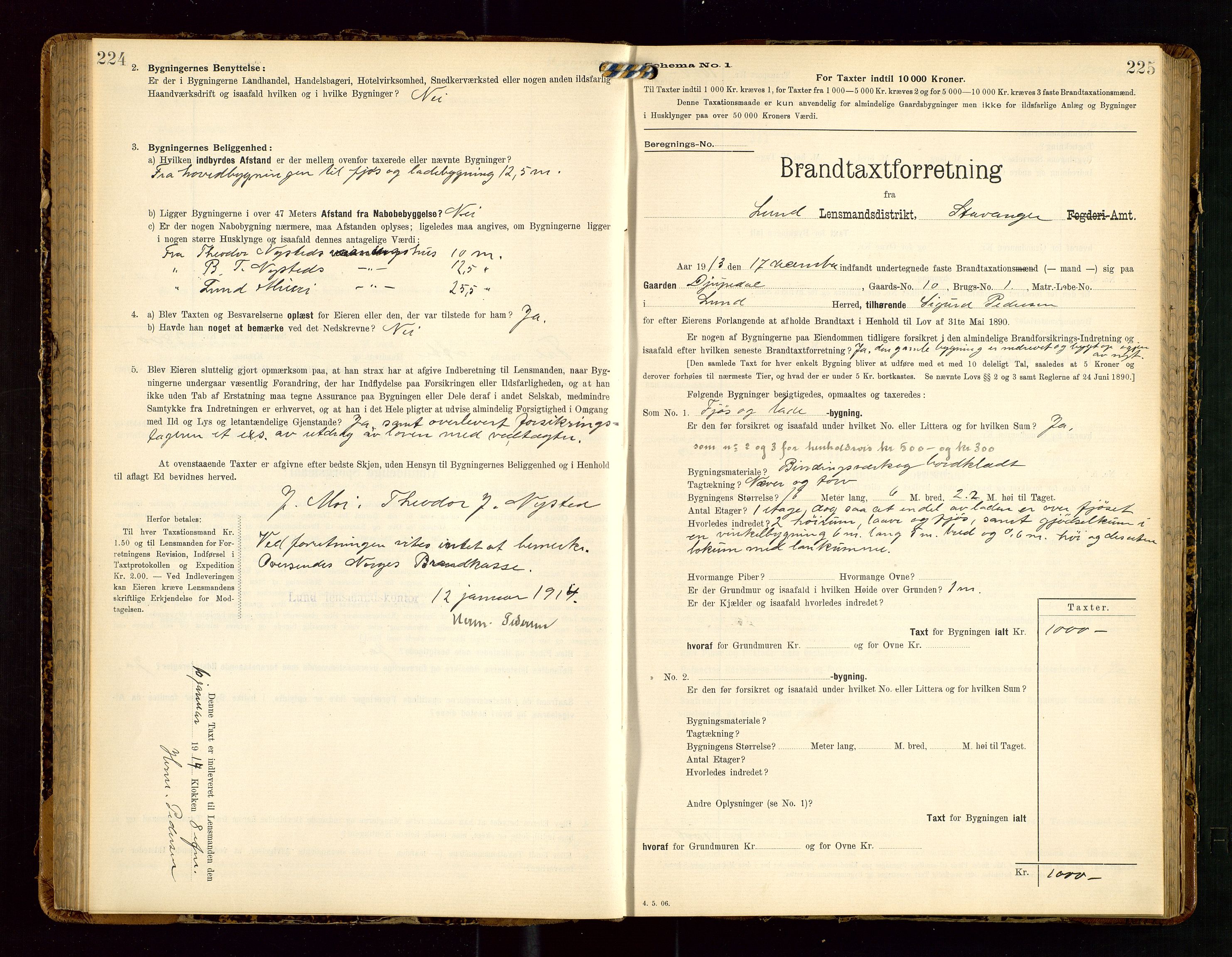 Lund lensmannskontor, AV/SAST-A-100303/Gob/L0002: "Brandtakstprotokol", 1908-1918, p. 224-225