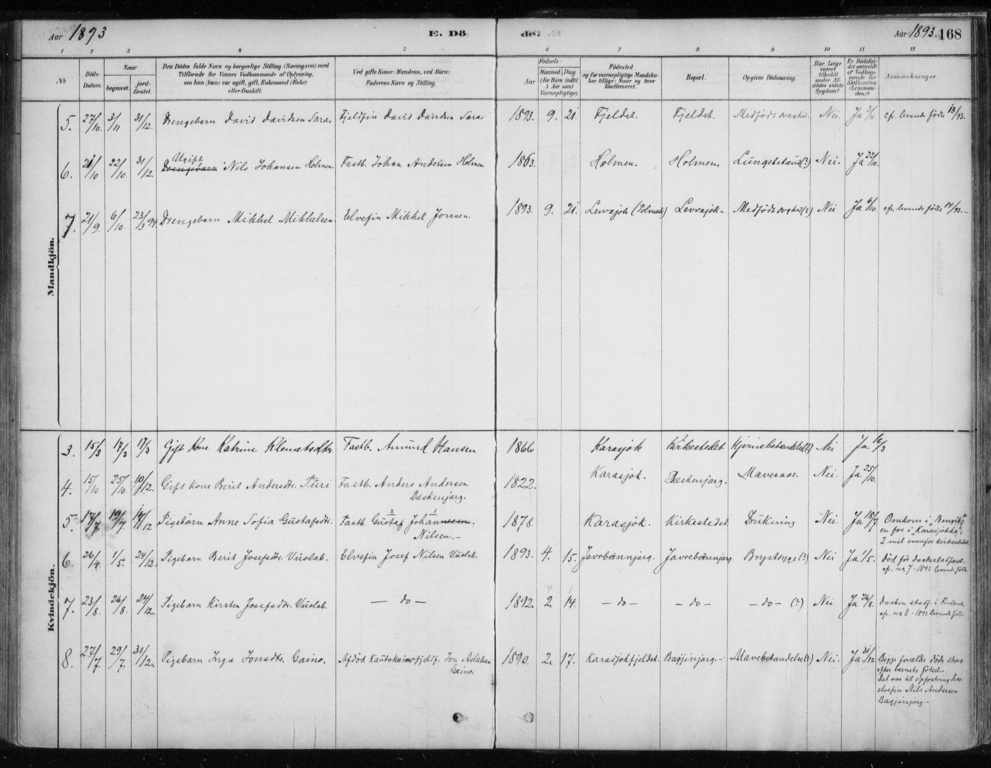Karasjok sokneprestkontor, SATØ/S-1352/H/Ha/L0002kirke: Parish register (official) no. 2, 1885-1906, p. 168