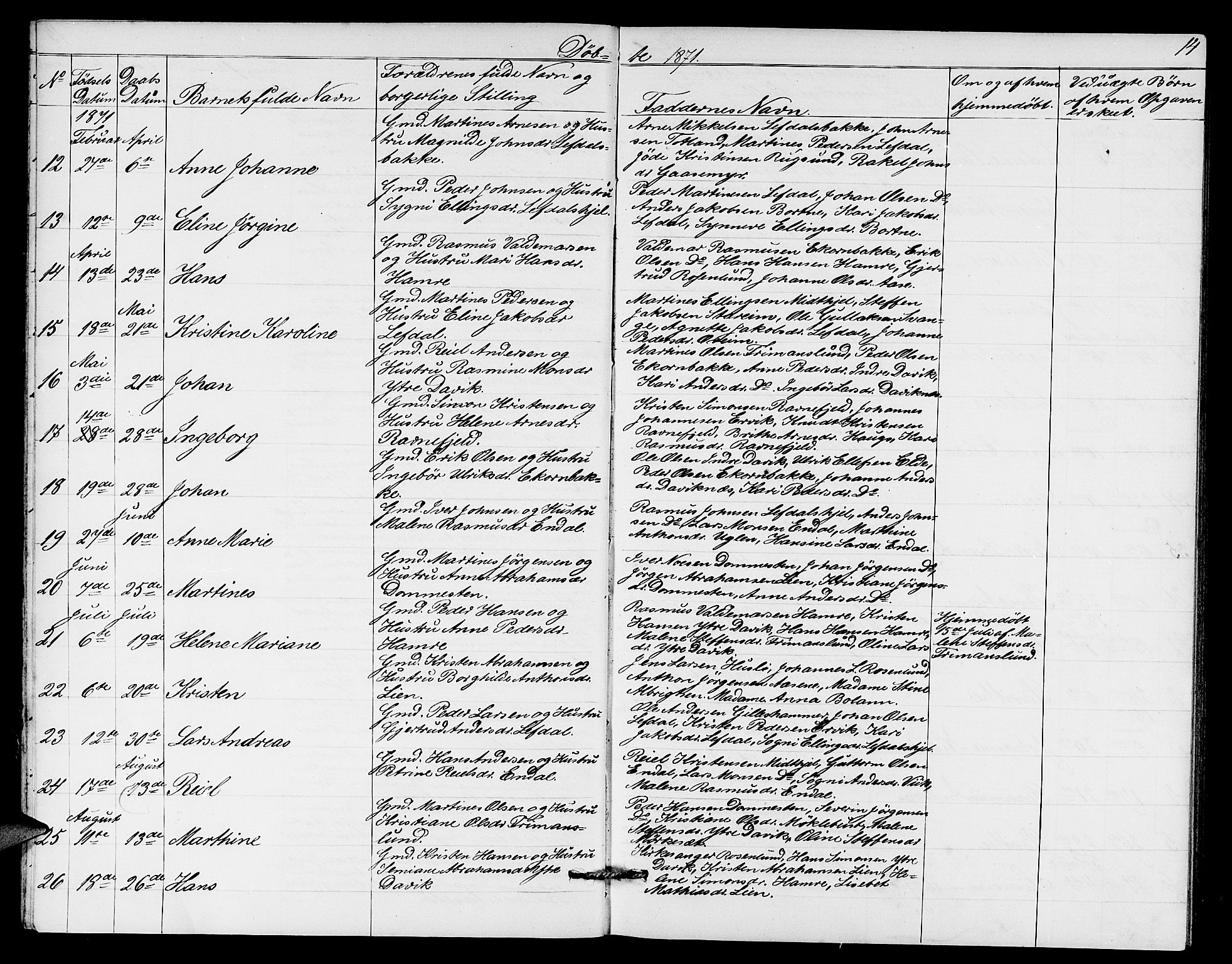 Davik sokneprestembete, AV/SAB-A-79701/H/Hab/Haba/L0001: Parish register (copy) no. A 1, 1866-1889, p. 14