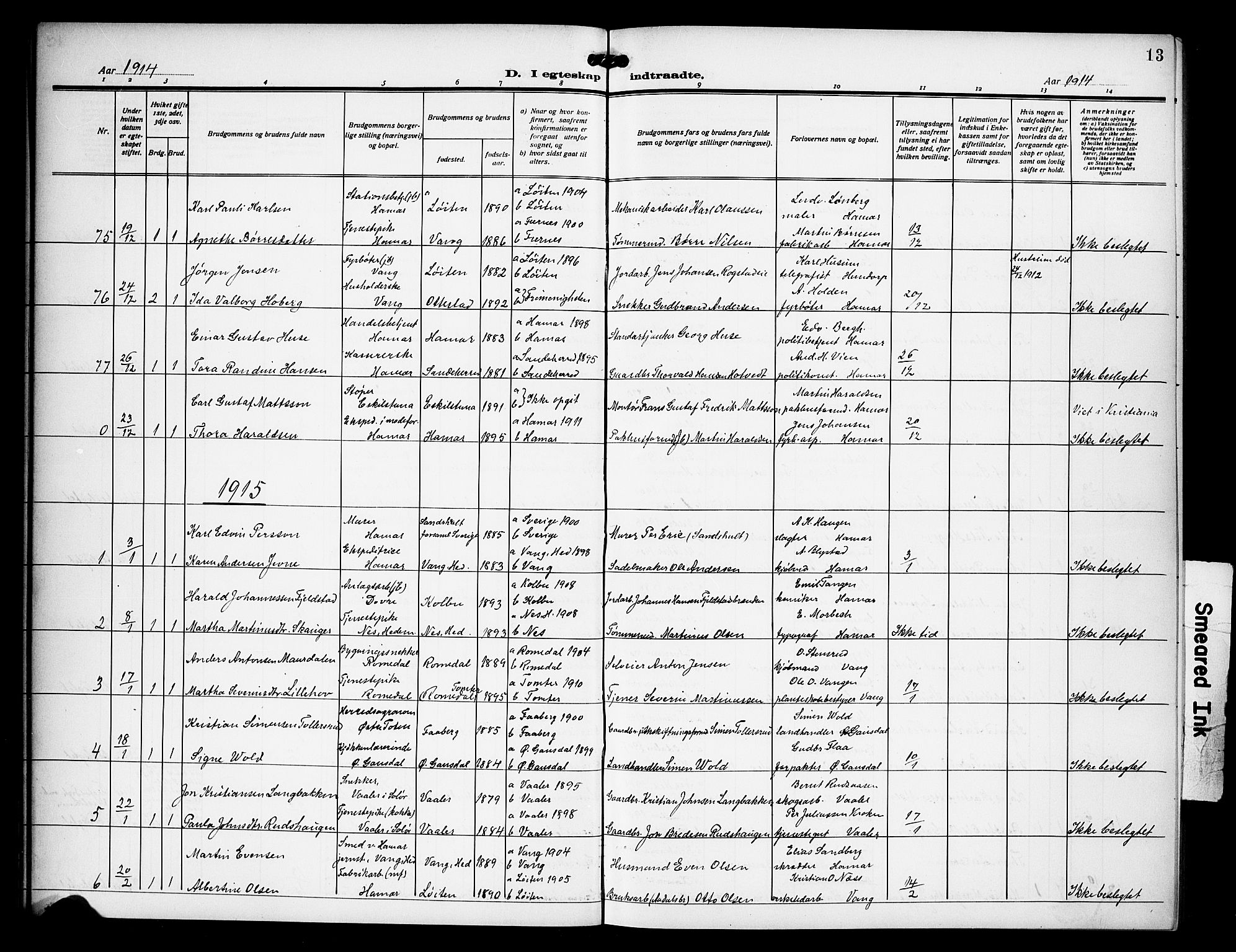 Hamar prestekontor, AV/SAH-DOMPH-002/H/Ha/Hab/L0003: Parish register (copy) no. 3, 1913-1930, p. 13