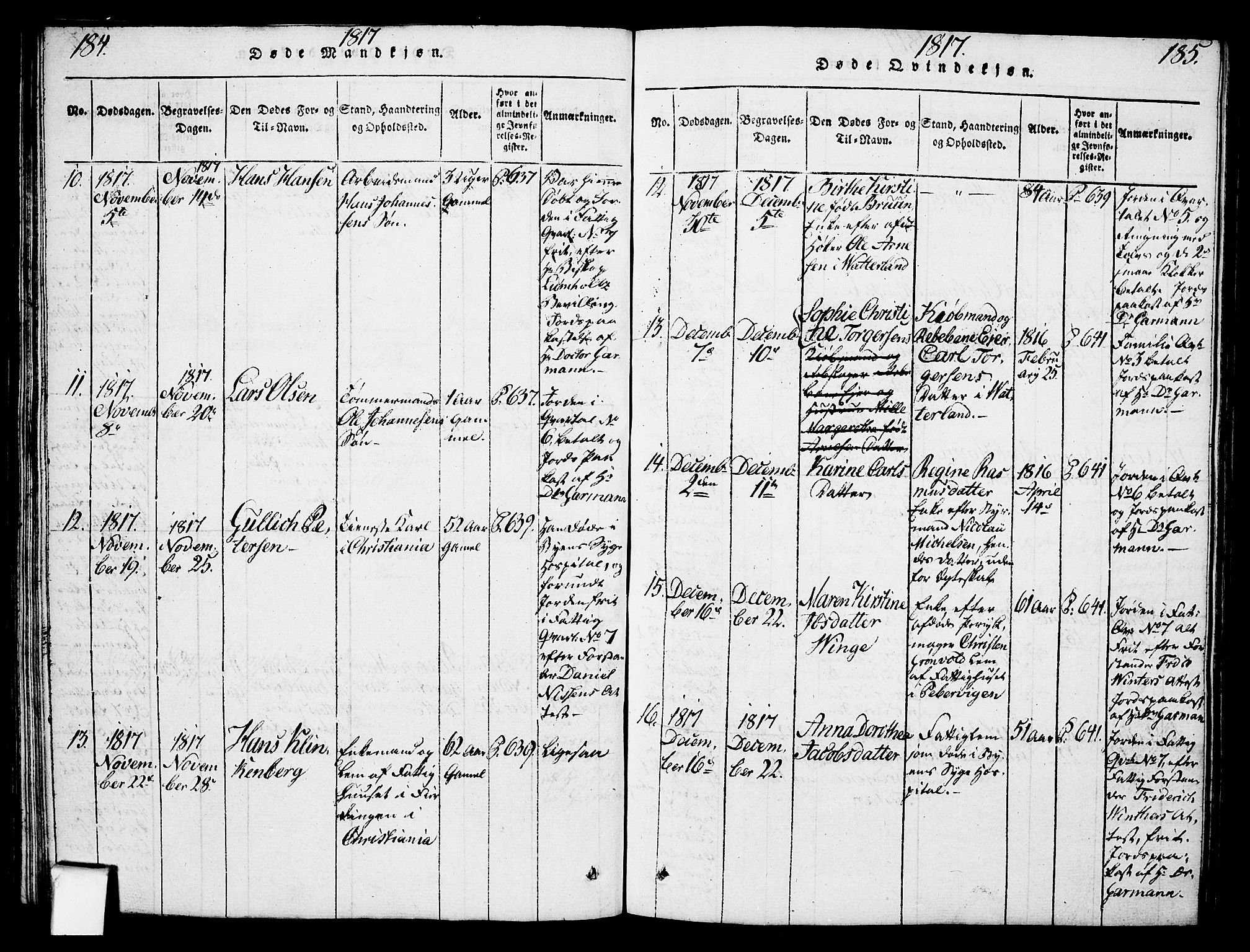 Oslo domkirke Kirkebøker, SAO/A-10752/F/Fa/L0007: Parish register (official) no. 7, 1817-1824, p. 184-185