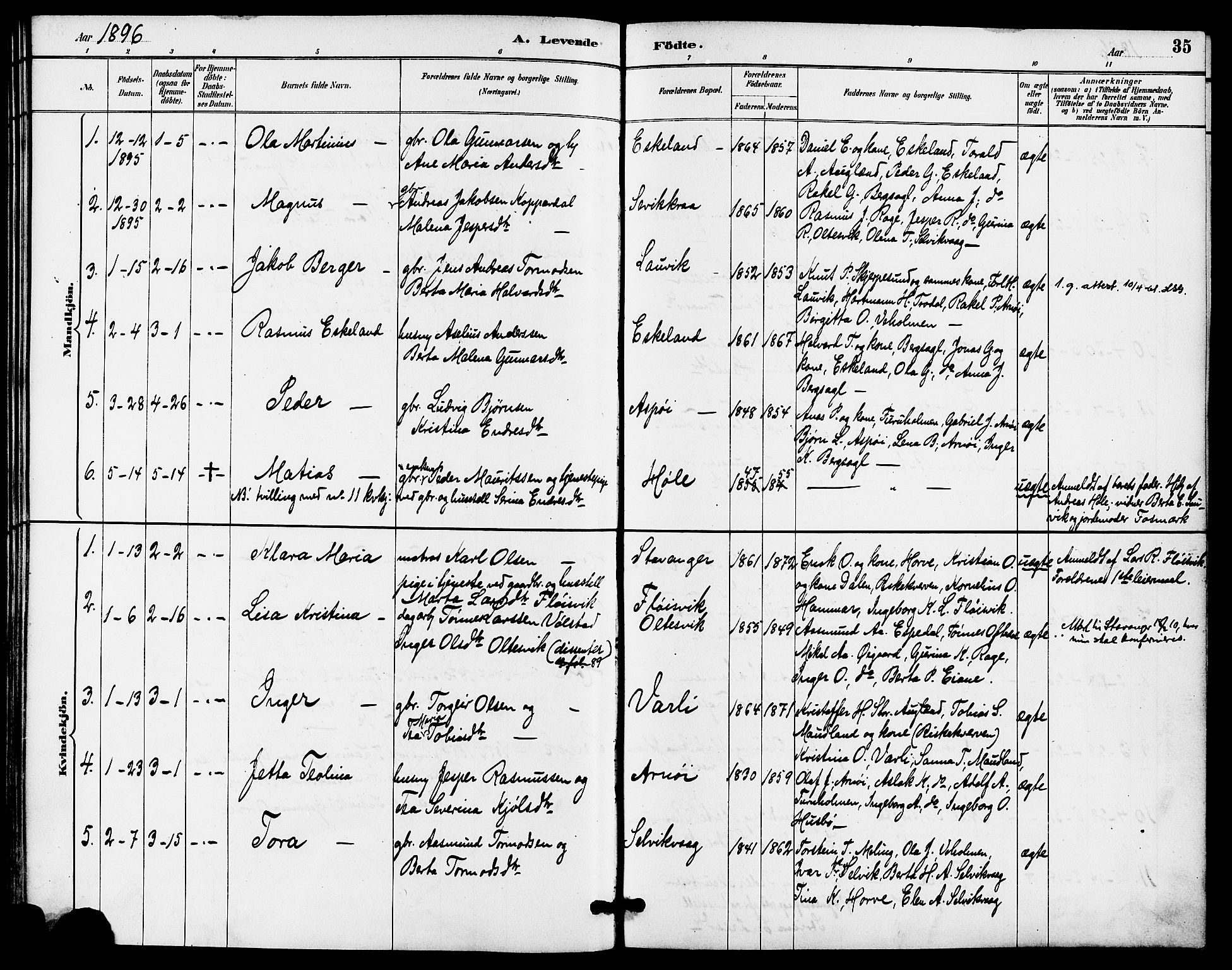 Høgsfjord sokneprestkontor, AV/SAST-A-101624/H/Ha/Haa/L0005: Parish register (official) no. A 5, 1885-1897, p. 35