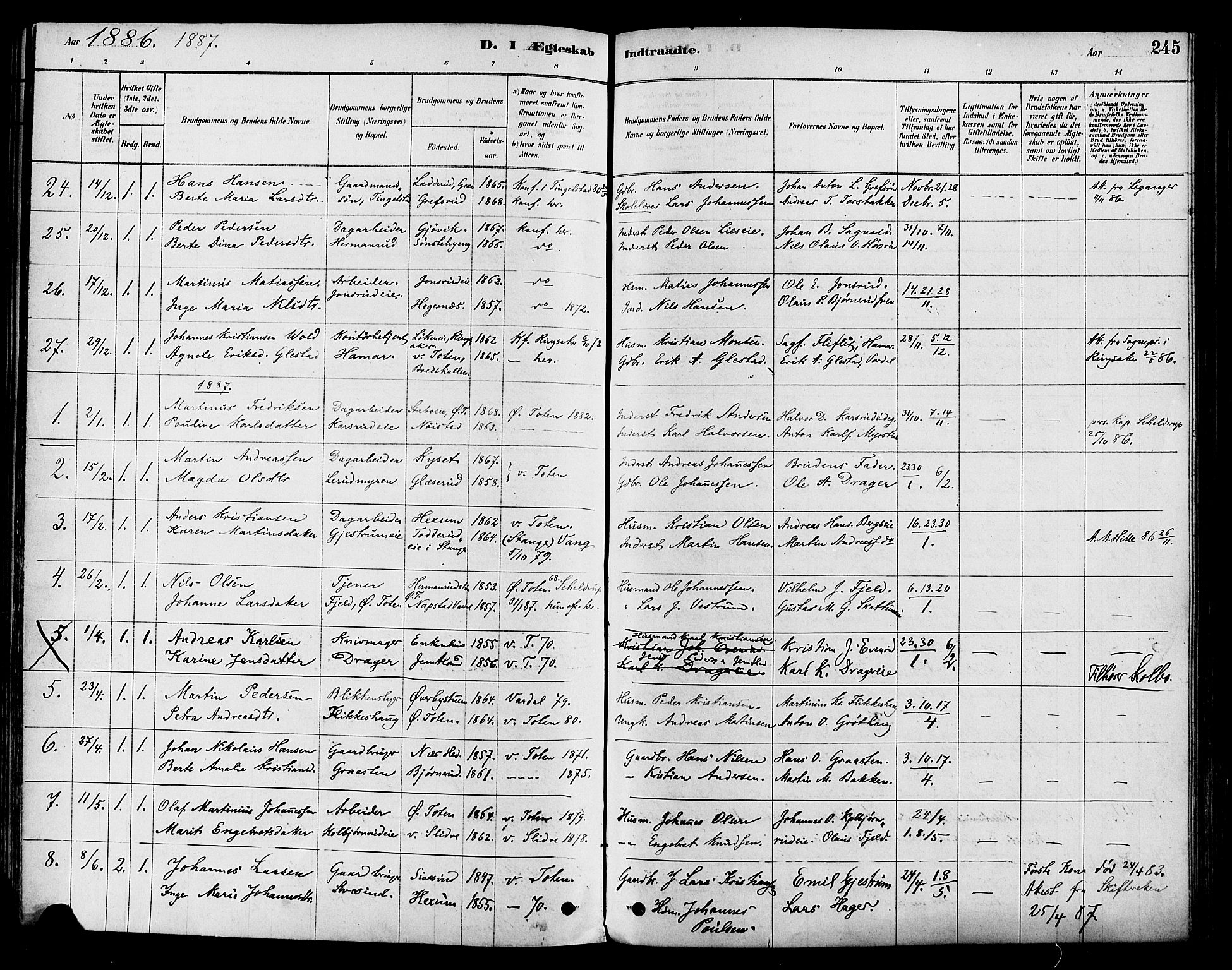 Vestre Toten prestekontor, AV/SAH-PREST-108/H/Ha/Haa/L0009: Parish register (official) no. 9, 1878-1894, p. 245