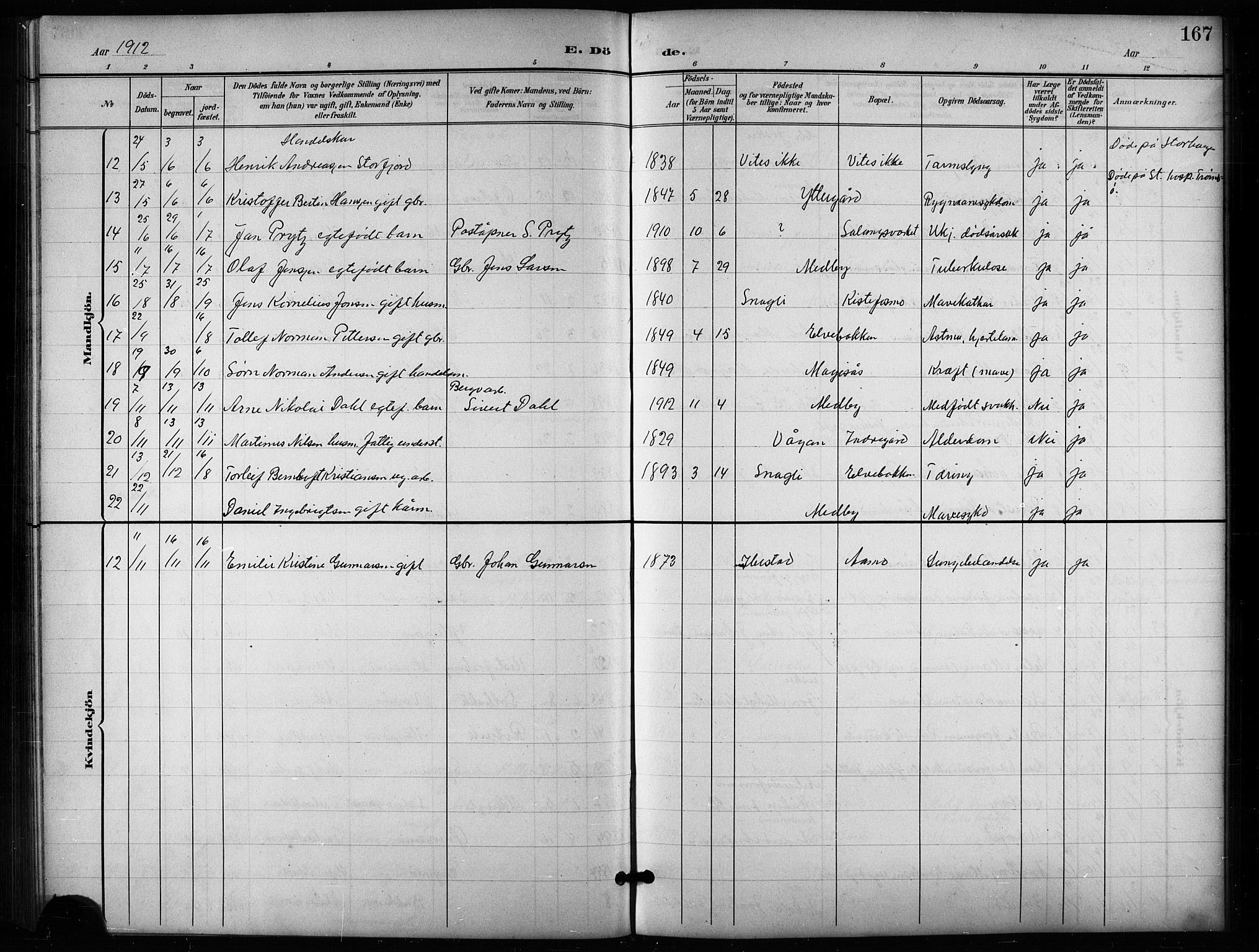 Salangen sokneprestembete, AV/SATØ-S-1324/H/Hb/L0004klokker: Parish register (copy) no. 4, 1900-1924, p. 167