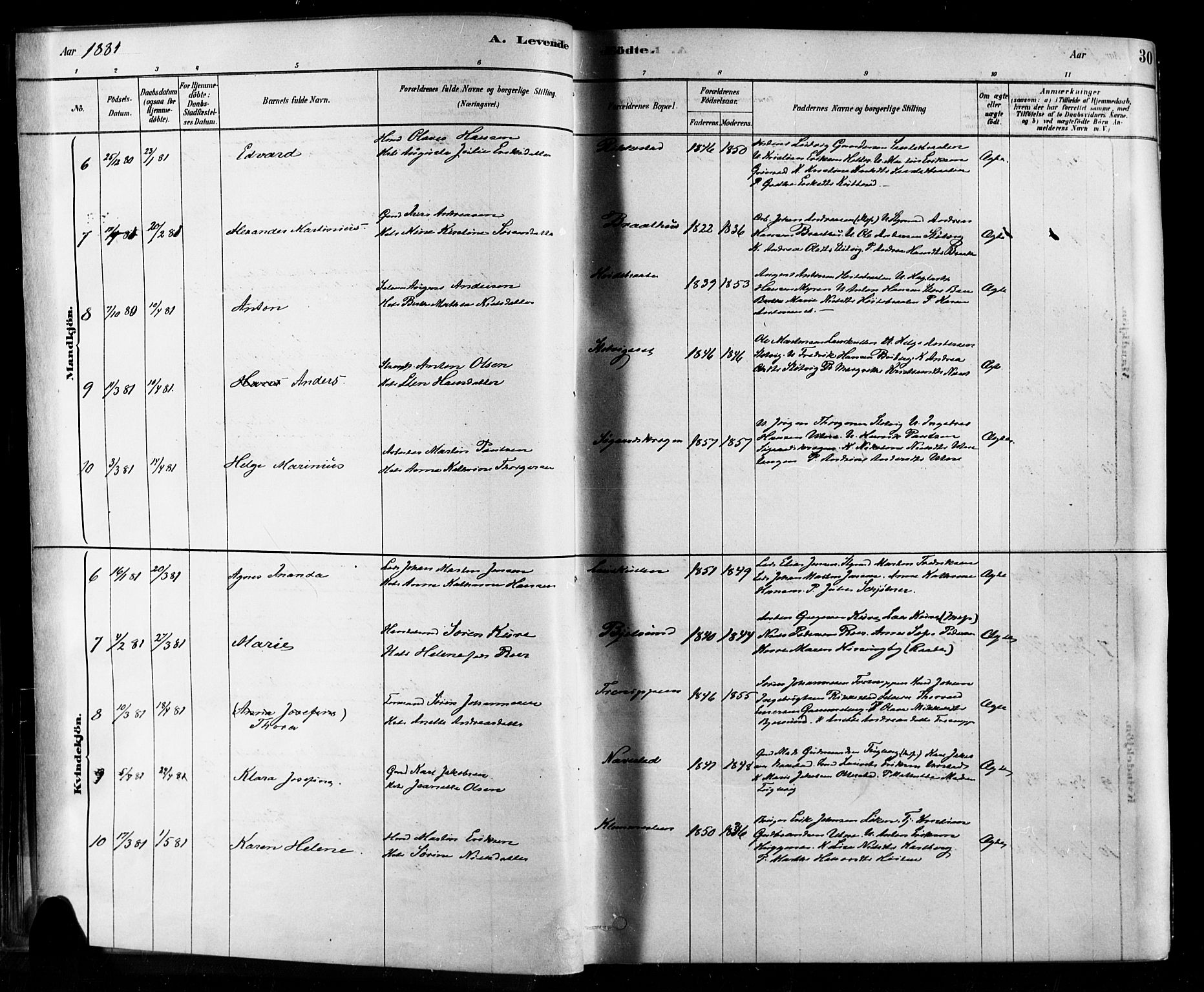 Rygge prestekontor Kirkebøker, AV/SAO-A-10084b/F/Fa/L0007: Parish register (official) no. 7, 1878-1904, p. 30