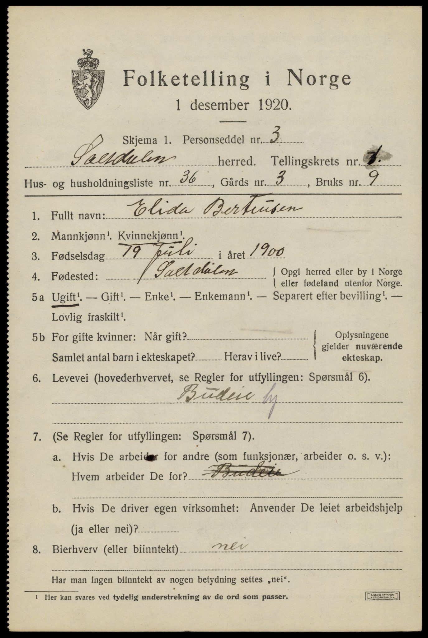 SAT, 1920 census for Saltdal, 1920, p. 1717