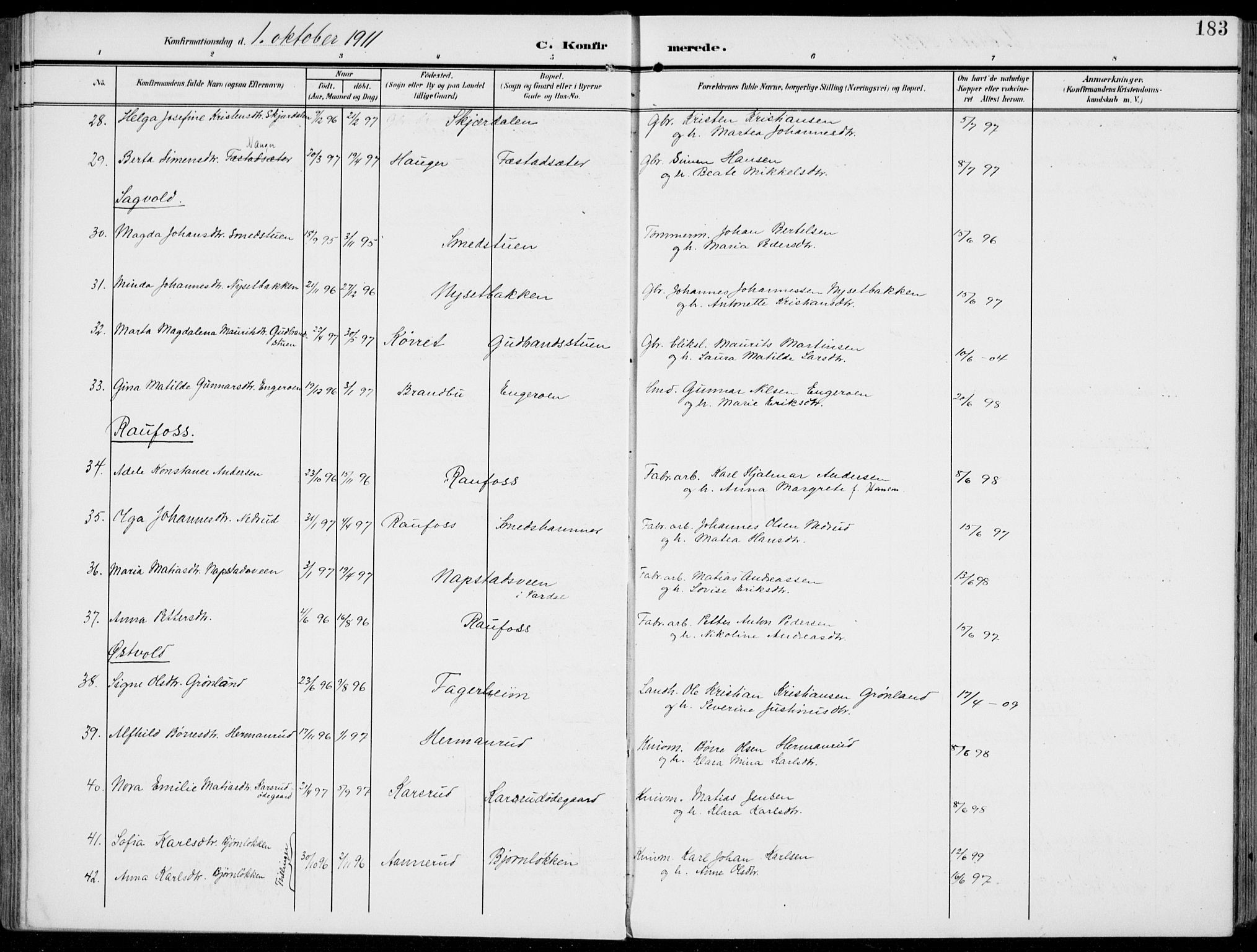 Vestre Toten prestekontor, AV/SAH-PREST-108/H/Ha/Haa/L0014: Parish register (official) no. 14, 1907-1920, p. 183