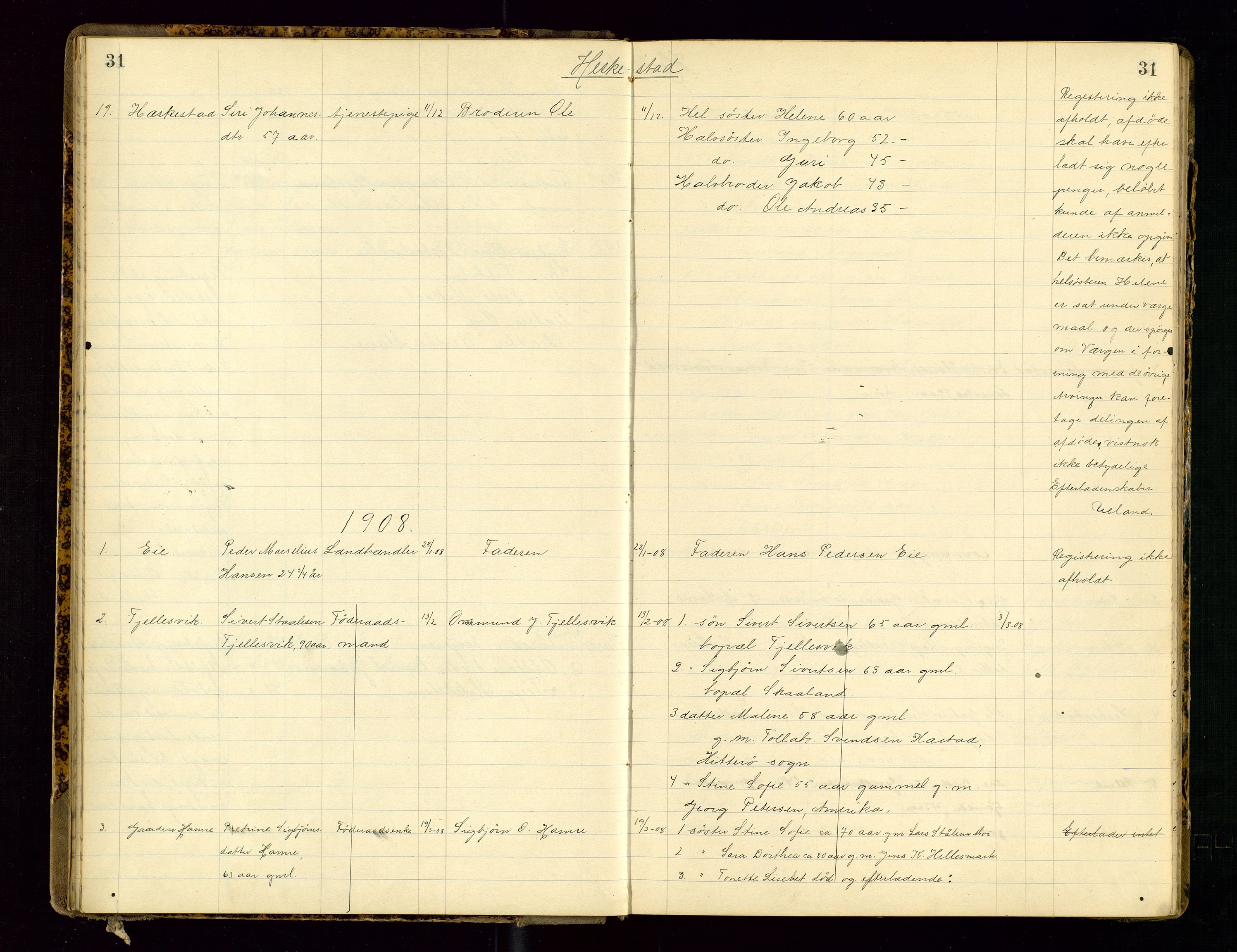 Dalane sorenskriveri, AV/SAST-A-100309/001/5/52/L0001: DØDSFALLPROTOKOLL, 1904-1911, p. 31