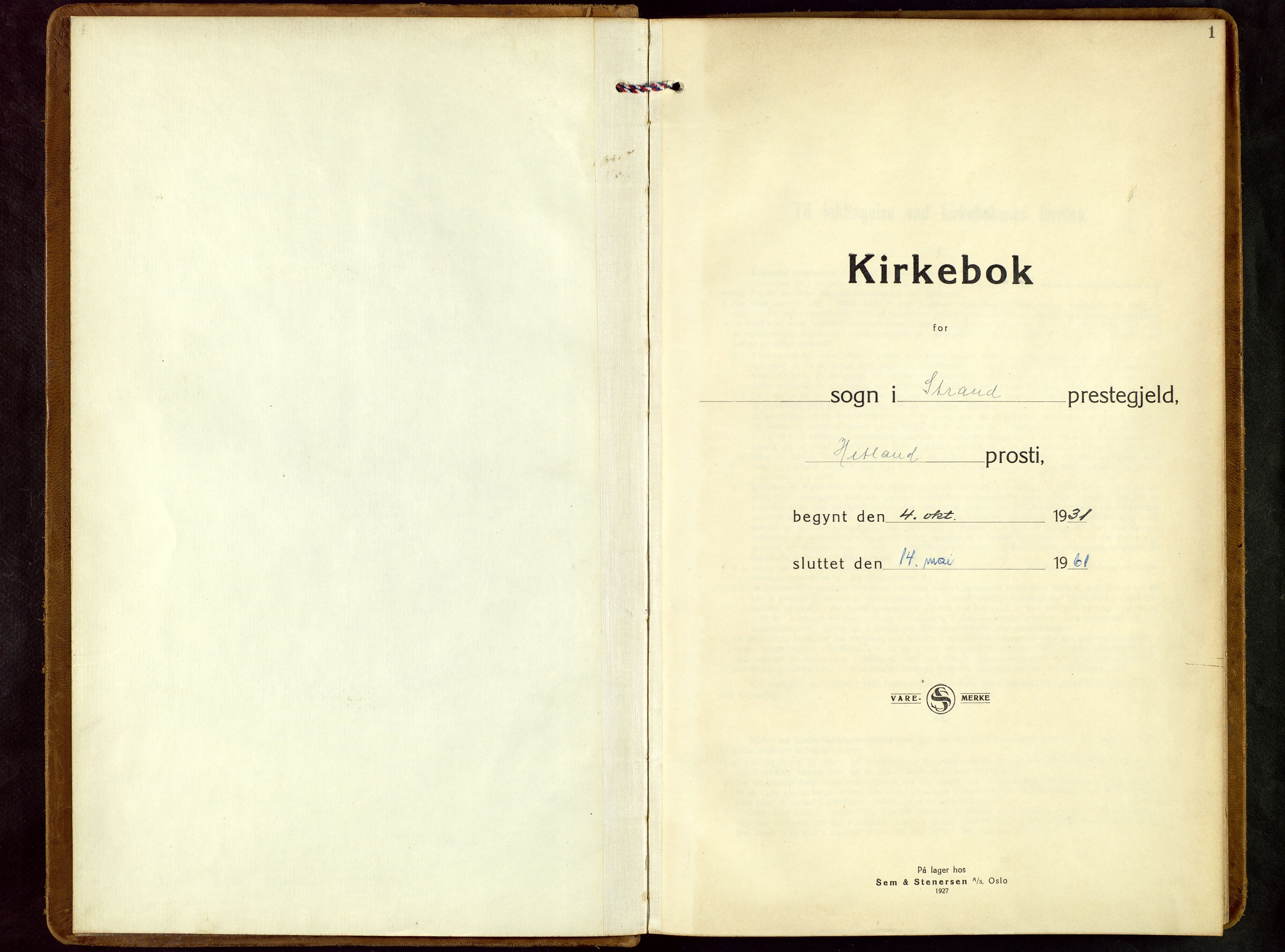 Strand sokneprestkontor, SAST/A-101828/H/Ha/Haa/L0013: Parish register (official) no. A 13, 1931-1961, p. 1