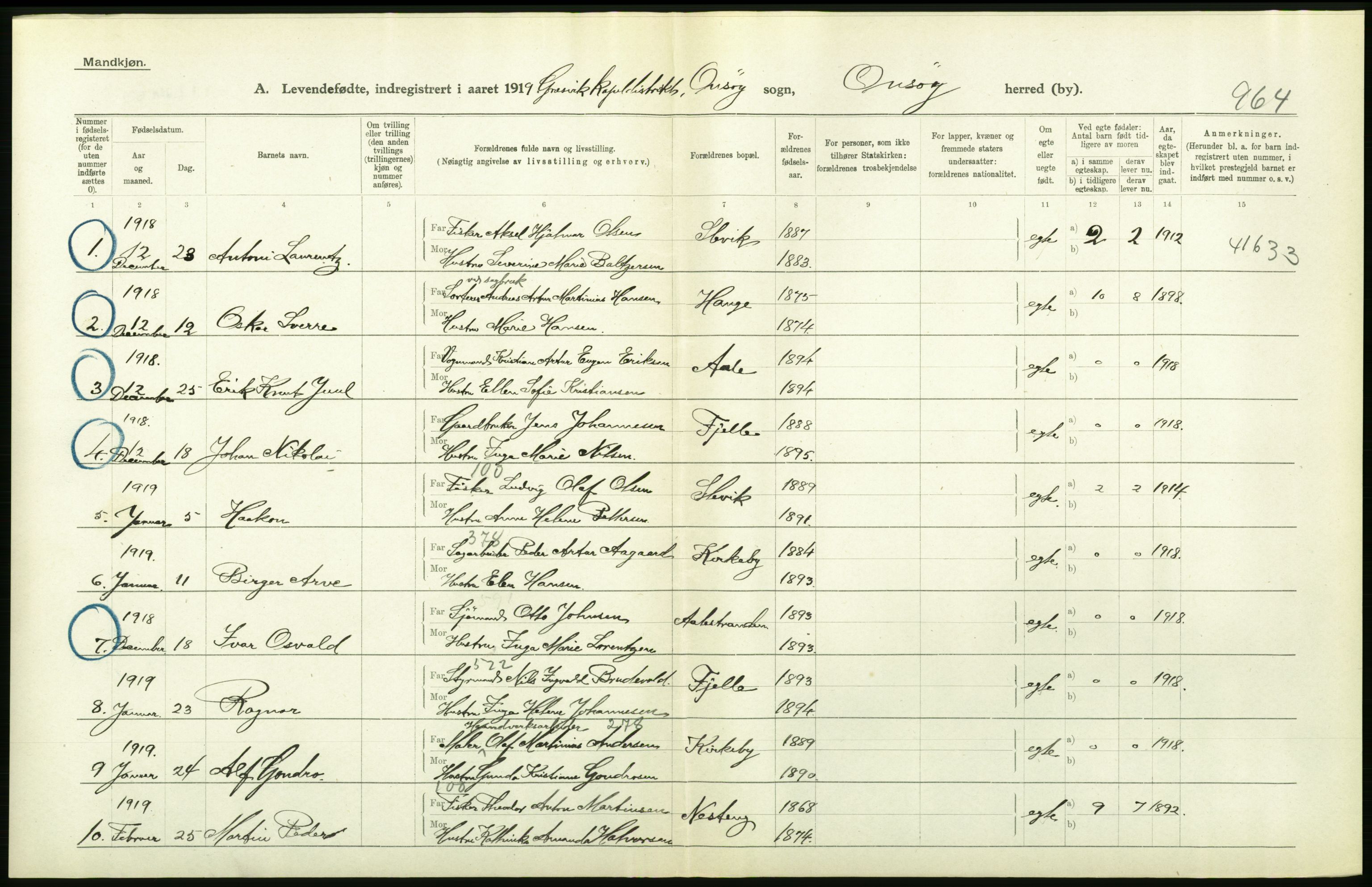 Statistisk sentralbyrå, Sosiodemografiske emner, Befolkning, RA/S-2228/D/Df/Dfb/Dfbi/L0001: Østfold fylke: Levendefødte menn og kvinner. Bygder., 1919, p. 350