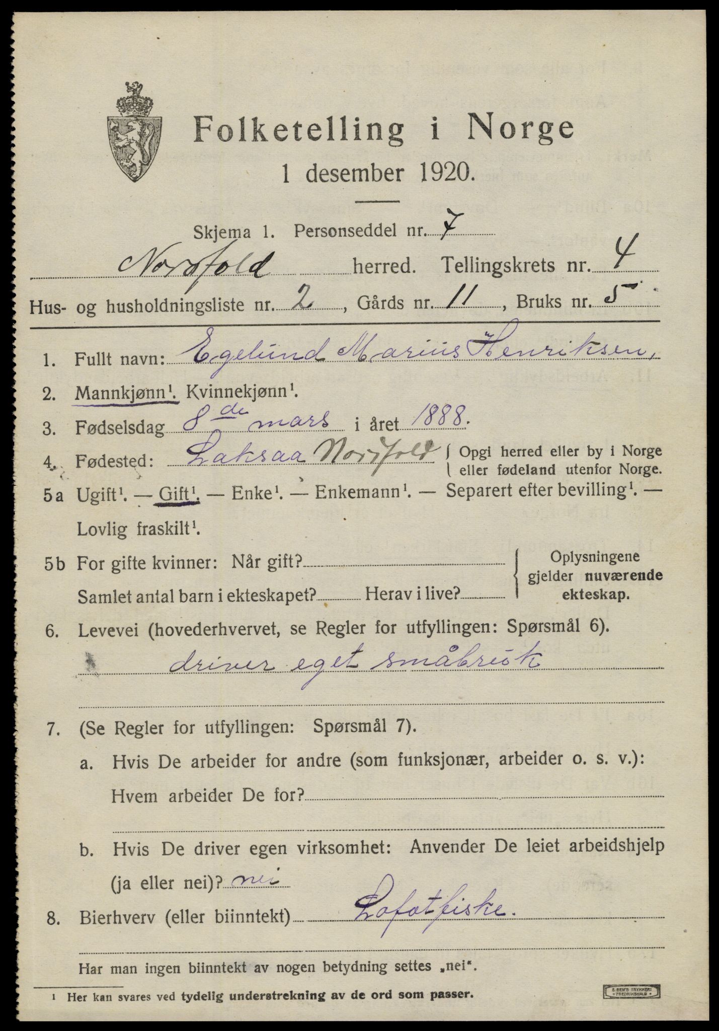 SAT, 1920 census for Nordfold, 1920, p. 1979