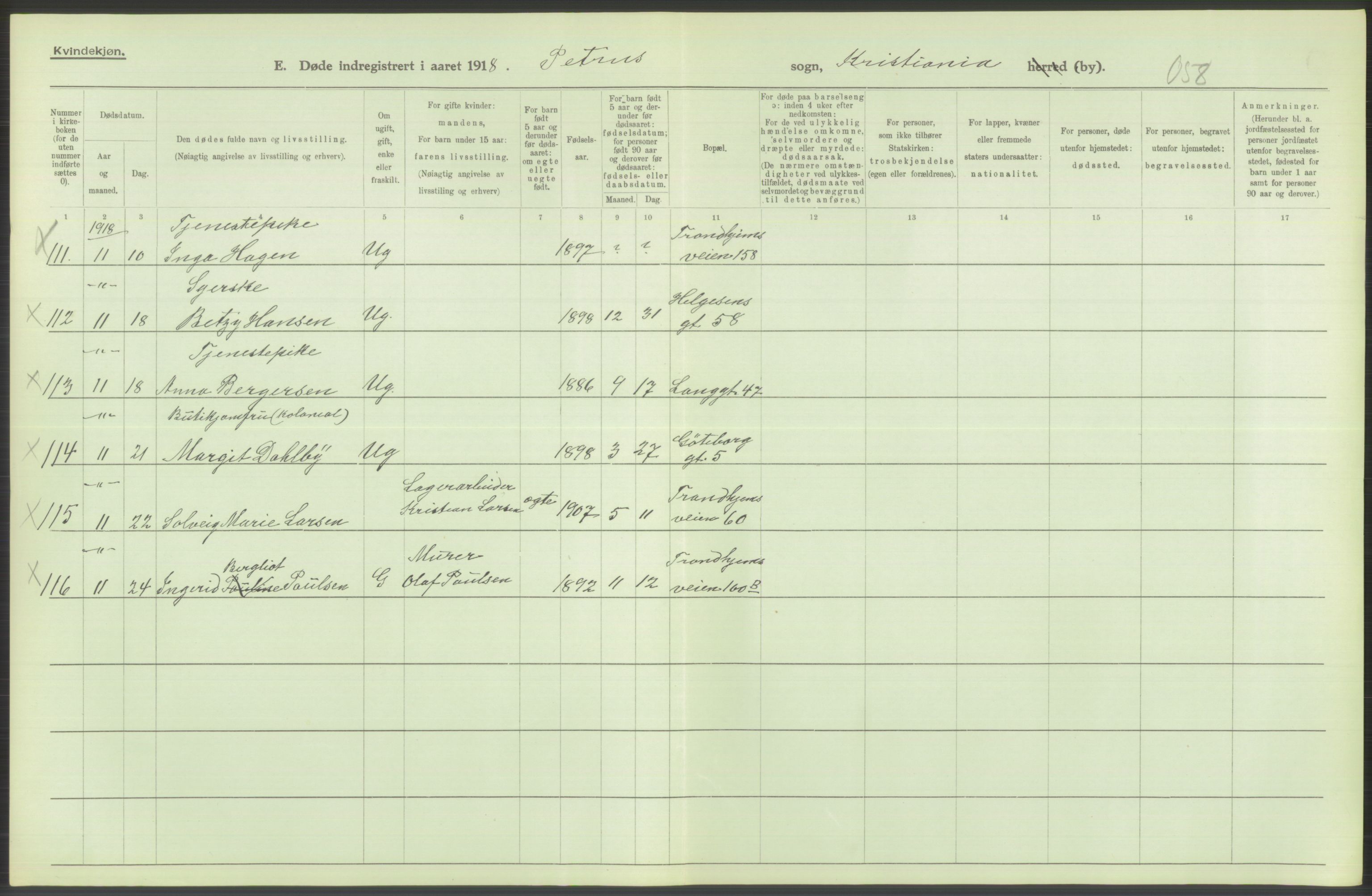 Statistisk sentralbyrå, Sosiodemografiske emner, Befolkning, RA/S-2228/D/Df/Dfb/Dfbh/L0010: Kristiania: Døde, 1918, p. 620