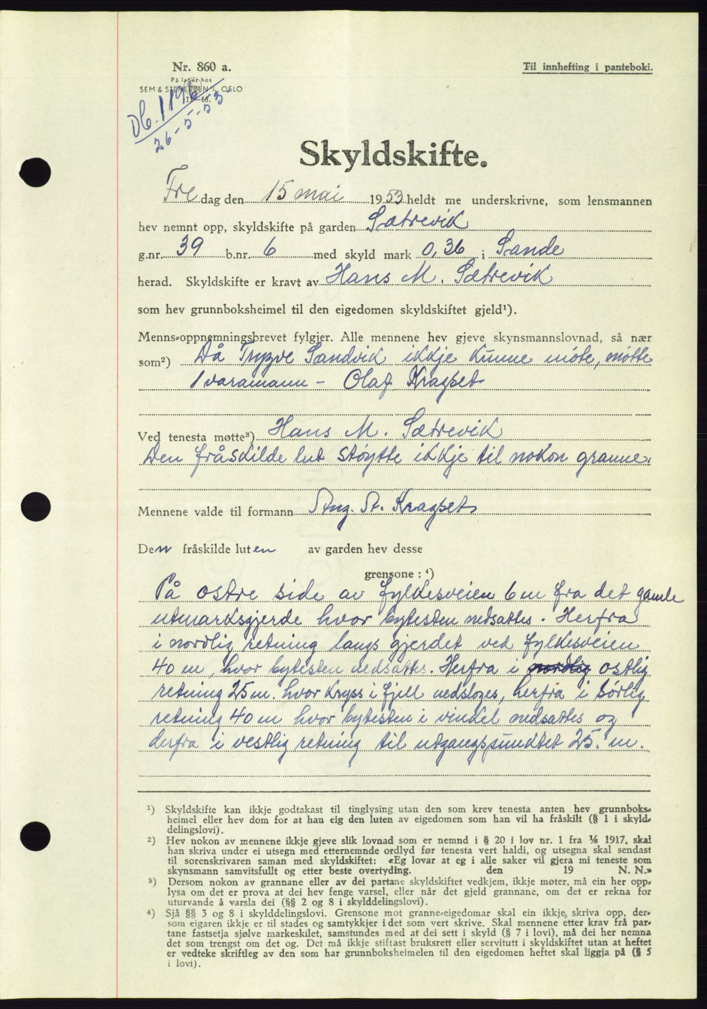 Søre Sunnmøre sorenskriveri, AV/SAT-A-4122/1/2/2C/L0095: Mortgage book no. 21A, 1953-1953, Diary no: : 1196/1953