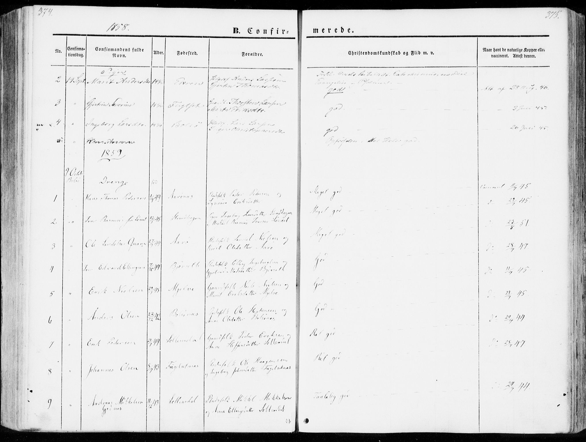Ministerialprotokoller, klokkerbøker og fødselsregistre - Møre og Romsdal, SAT/A-1454/555/L0653: Parish register (official) no. 555A04, 1843-1869, p. 374-375