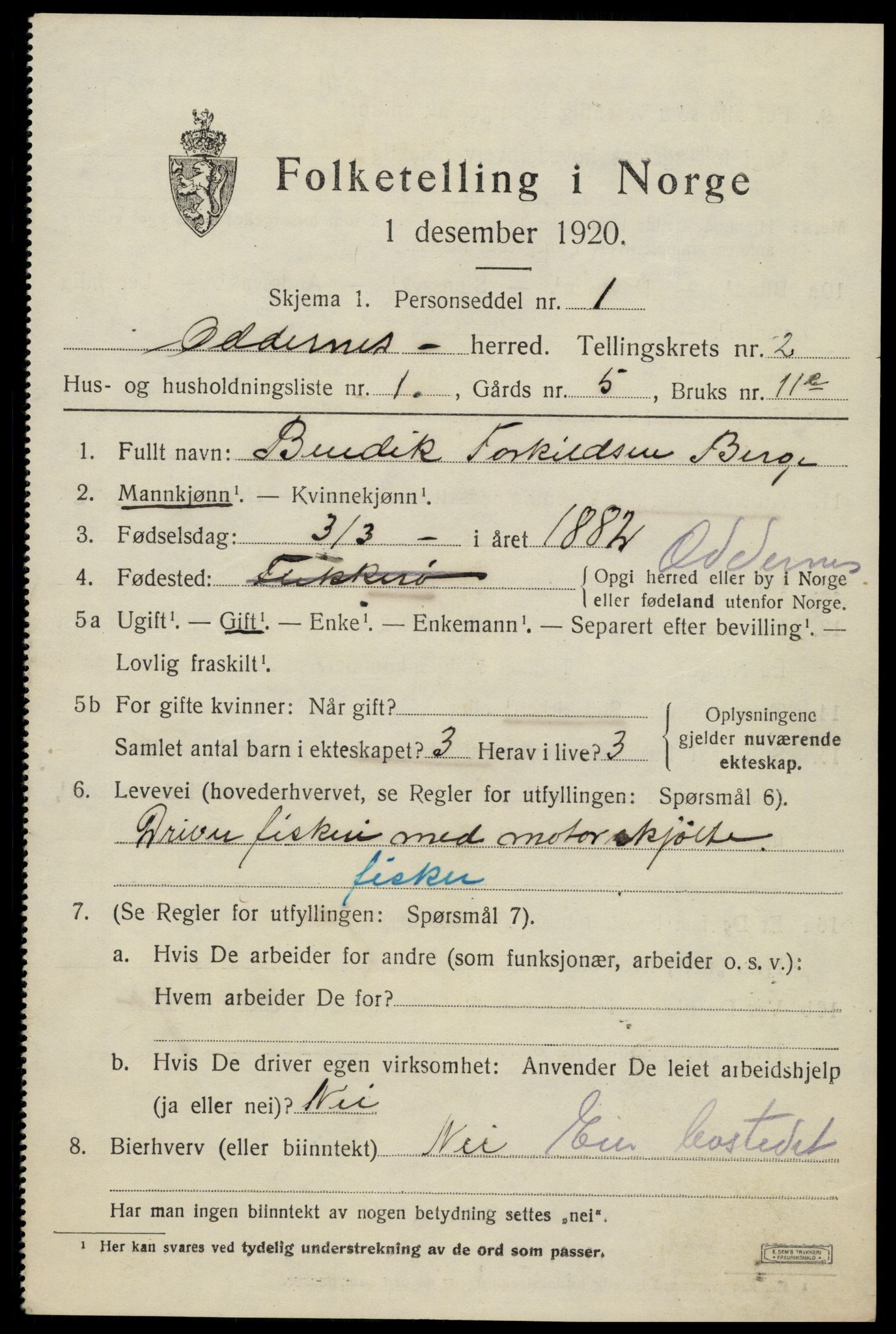 SAK, 1920 census for Oddernes, 1920, p. 2821