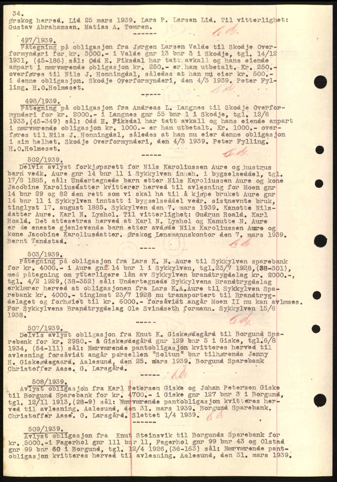 Nordre Sunnmøre sorenskriveri, SAT/A-0006/1/2/2C/2Ca: Mortgage book no. B1-6, 1938-1942, Diary no: : 497/1939