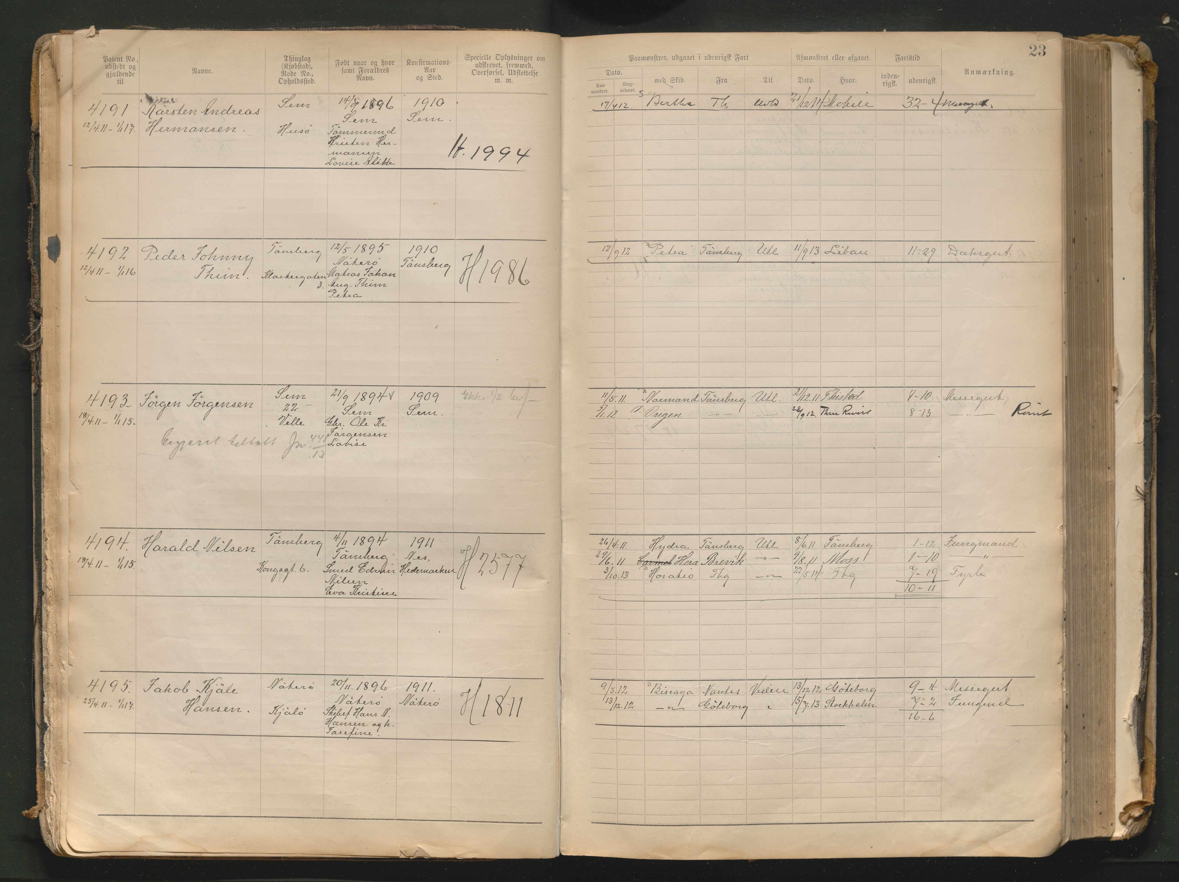 Tønsberg innrulleringskontor, AV/SAKO-A-786/F/Fb/L0010: Annotasjonsrulle Patent nr. 4081-4988, 1911-1948, p. 23