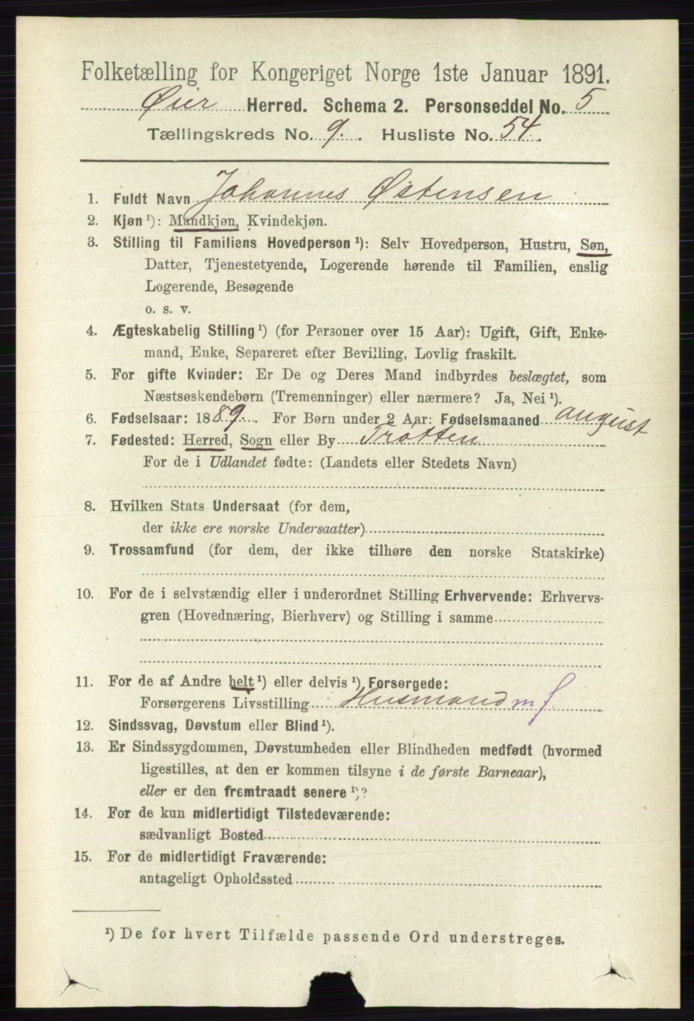RA, 1891 census for 0521 Øyer, 1891, p. 3424