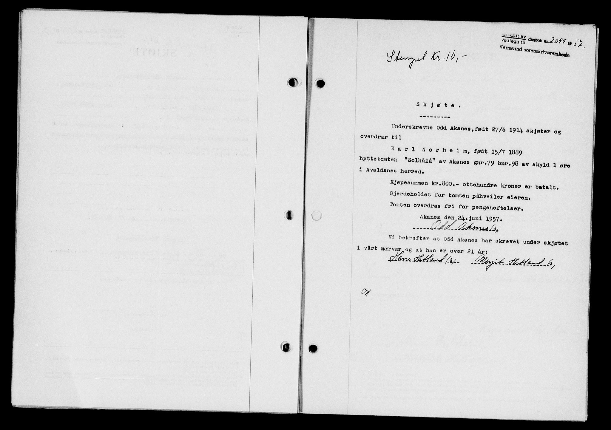 Karmsund sorenskriveri, AV/SAST-A-100311/01/II/IIB/L0125: Mortgage book no. 105A, 1957-1957, Diary no: : 2099/1957