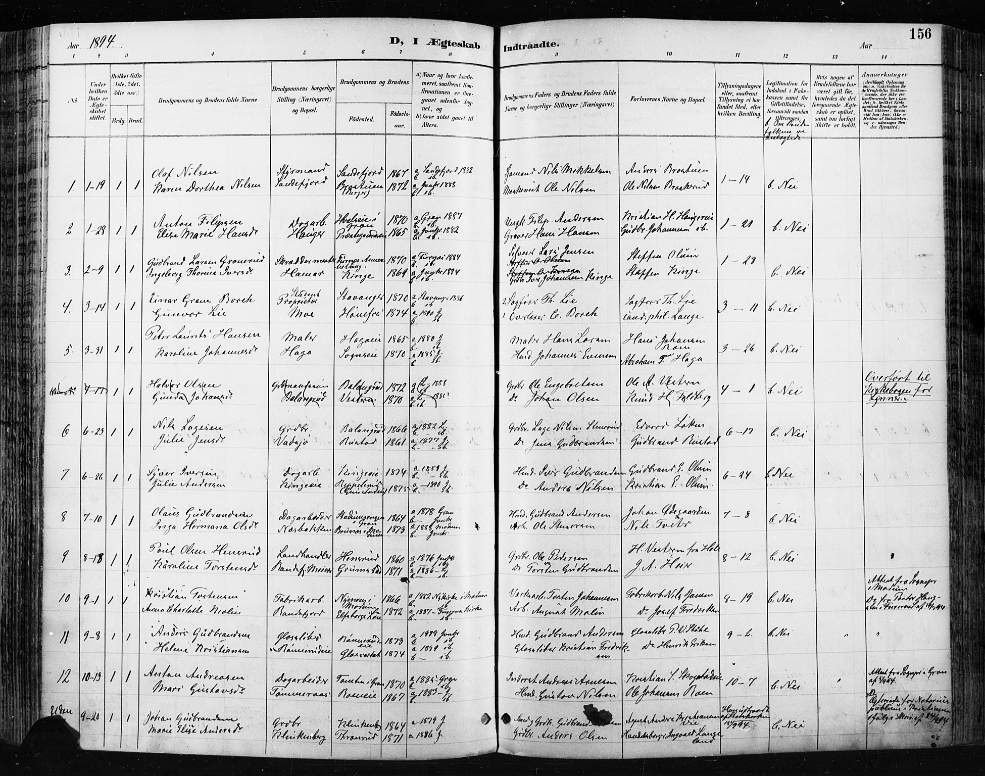 Jevnaker prestekontor, SAH/PREST-116/H/Ha/Haa/L0009: Parish register (official) no. 9, 1891-1901, p. 156