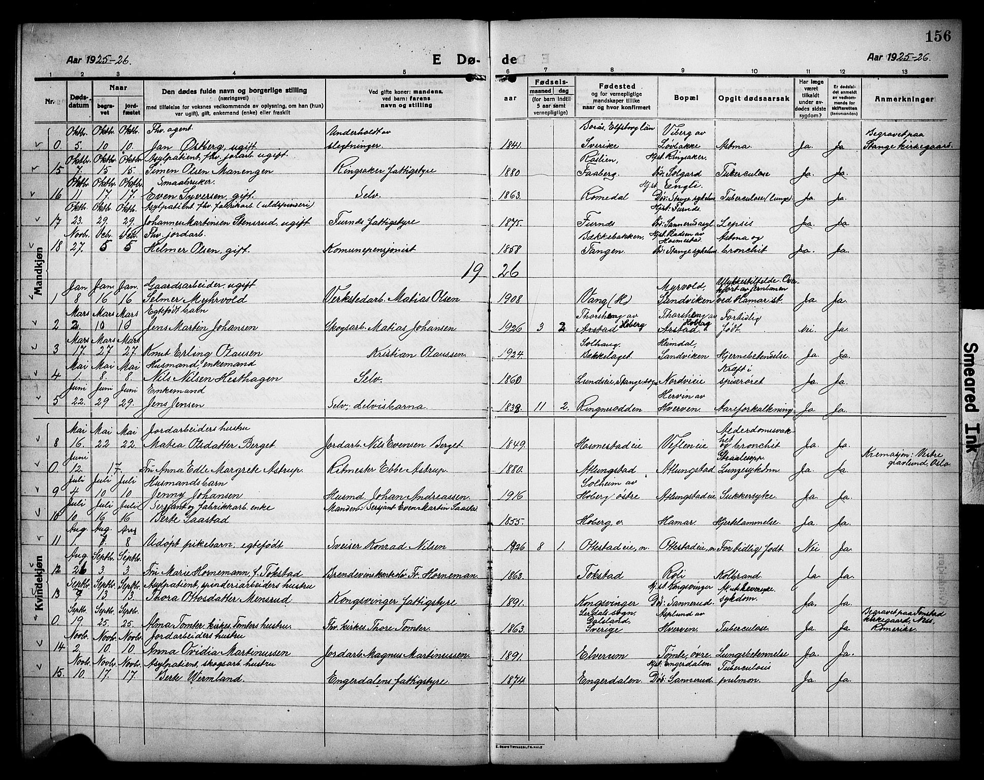 Stange prestekontor, AV/SAH-PREST-002/L/L0015: Parish register (copy) no. 15, 1916-1928, p. 156