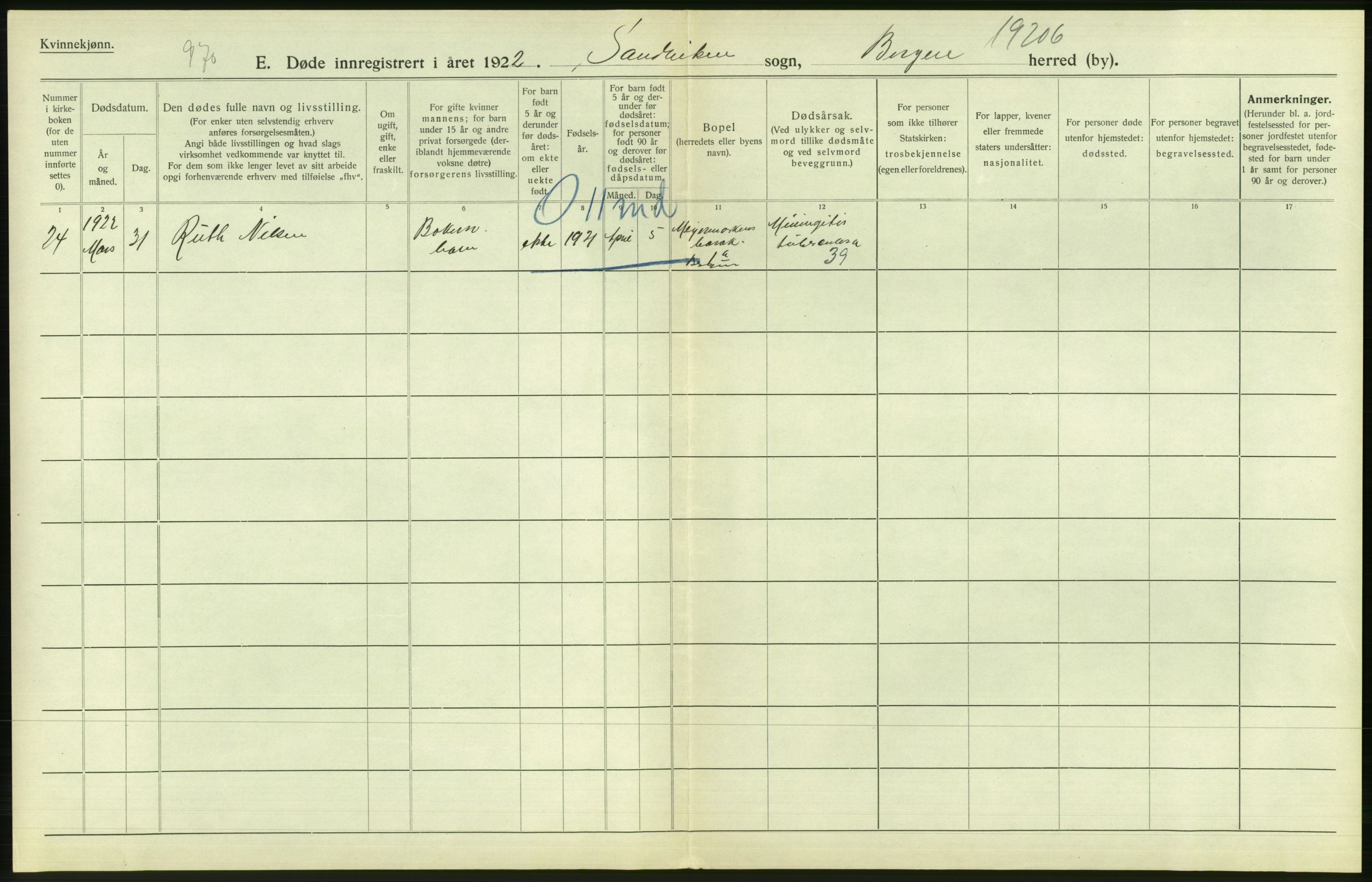 Statistisk sentralbyrå, Sosiodemografiske emner, Befolkning, AV/RA-S-2228/D/Df/Dfc/Dfcb/L0030: Bergen: Gifte, døde, dødfødte., 1922, p. 548