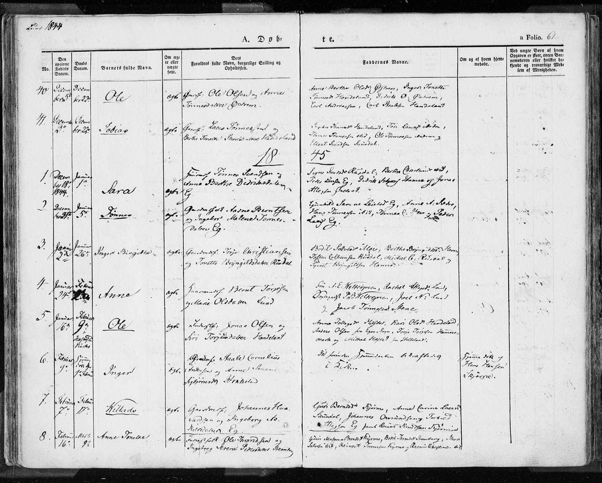 Lund sokneprestkontor, SAST/A-101809/S06/L0007: Parish register (official) no. A 7.1, 1833-1854, p. 61