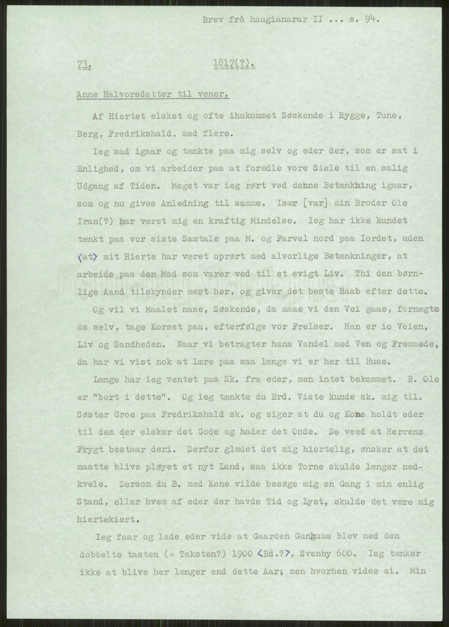 Samlinger til kildeutgivelse, Haugianerbrev, AV/RA-EA-6834/F/L0002: Haugianerbrev II: 1805-1821, 1805-1821, p. 94