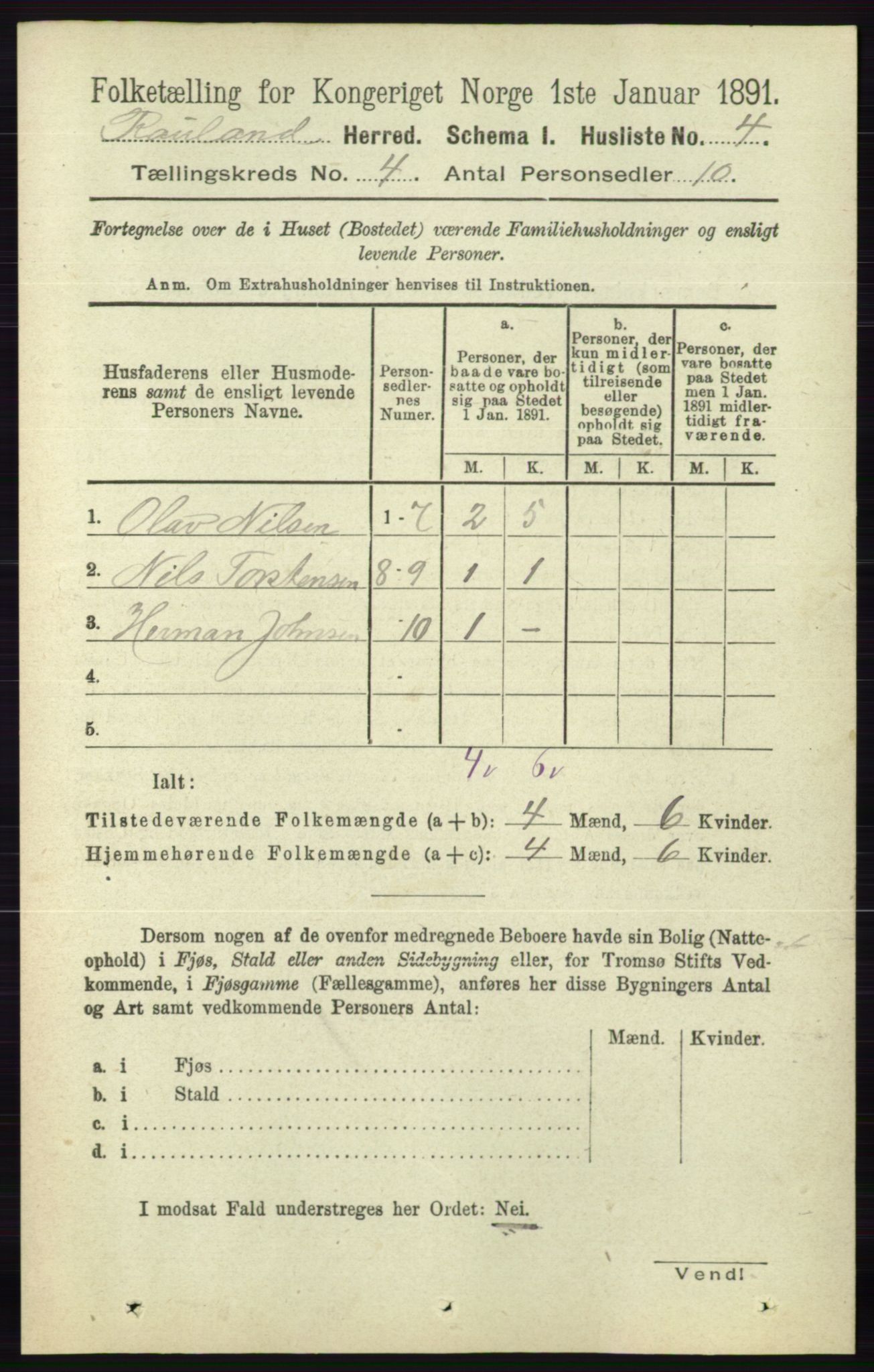 RA, 1891 census for 0835 Rauland, 1891, p. 990