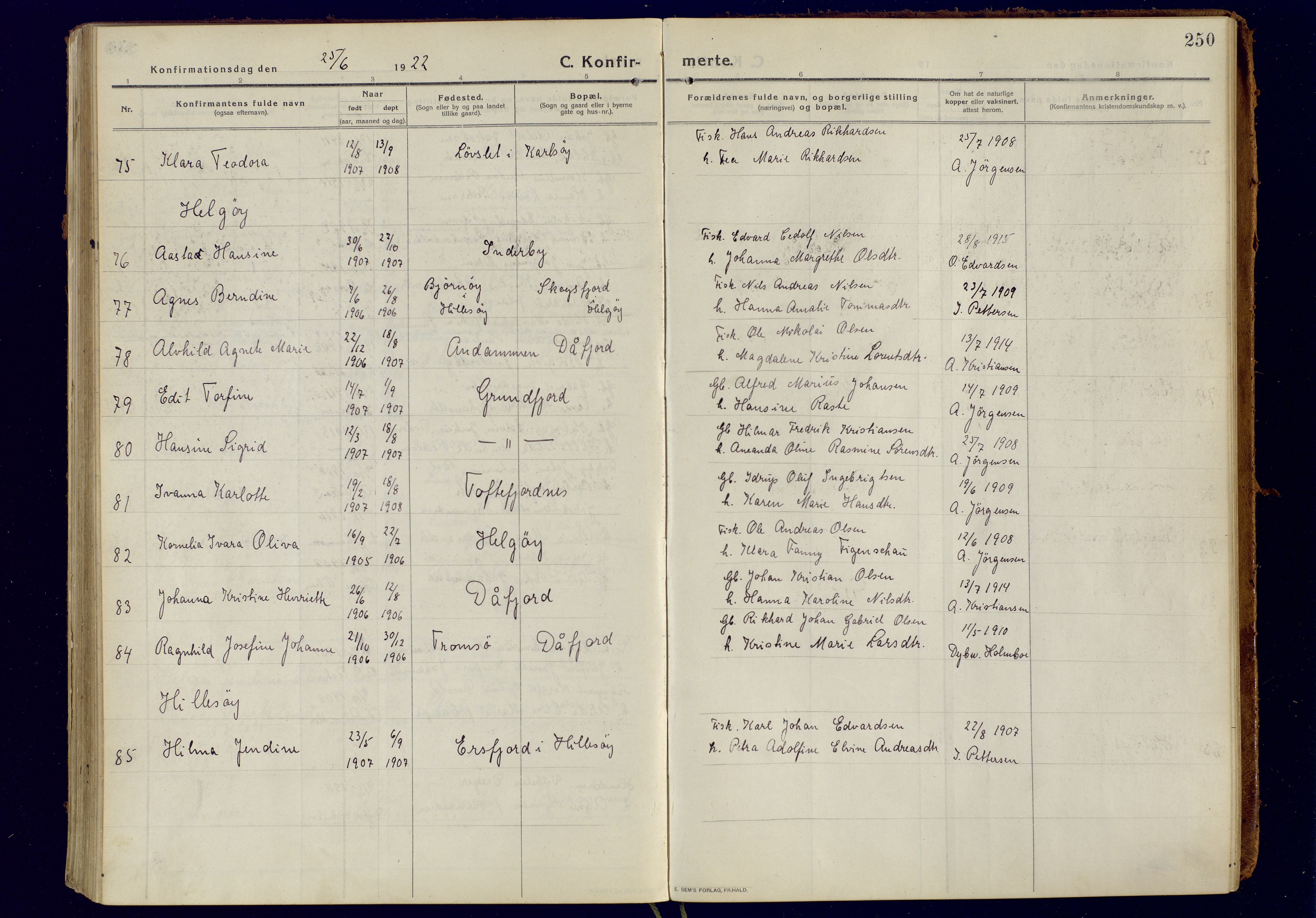 Tromsøysund sokneprestkontor, AV/SATØ-S-1304/G/Ga/L0008kirke: Parish register (official) no. 8, 1914-1922, p. 250