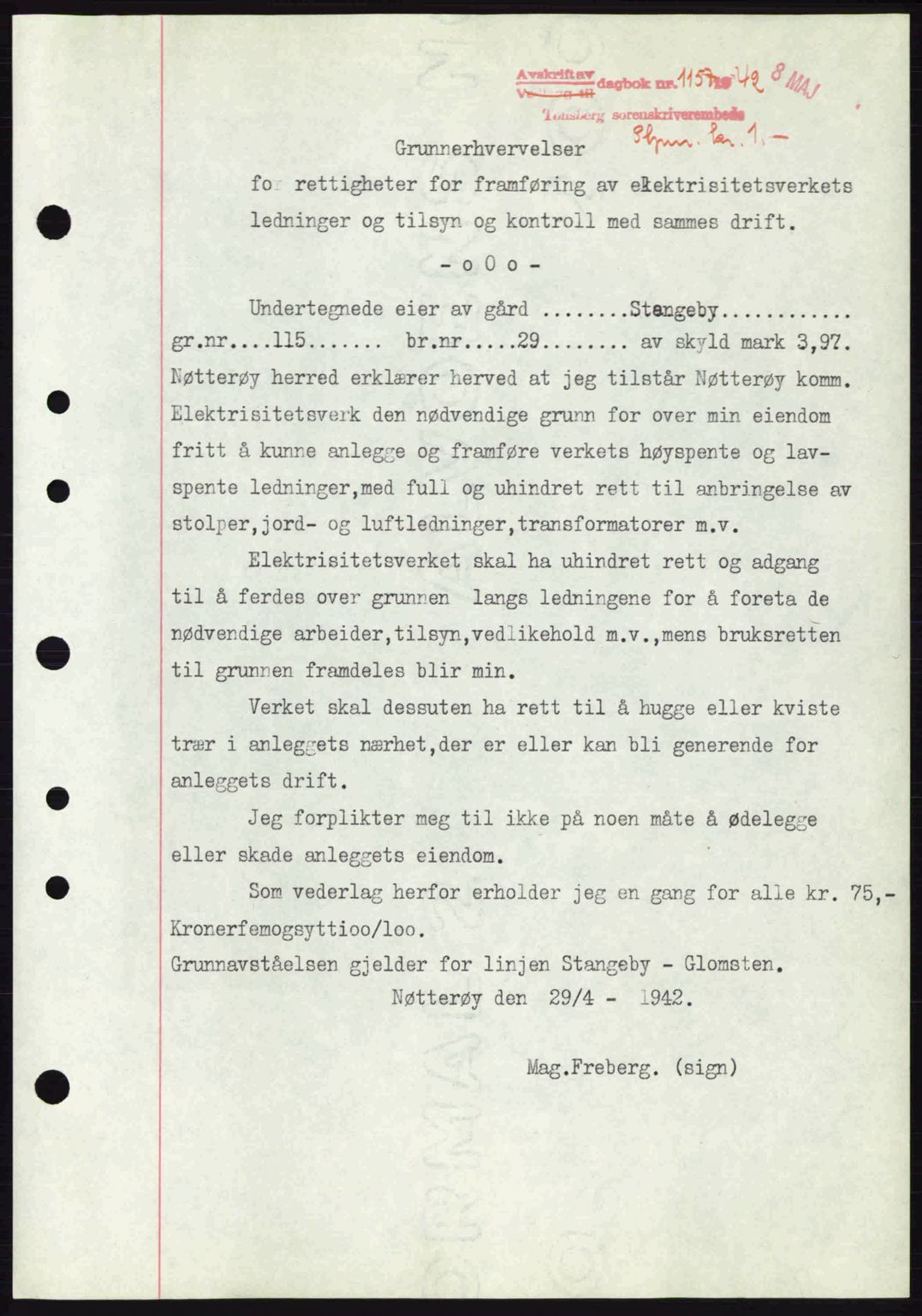 Tønsberg sorenskriveri, AV/SAKO-A-130/G/Ga/Gaa/L0011: Mortgage book no. A11, 1941-1942, Diary no: : 1157/1942