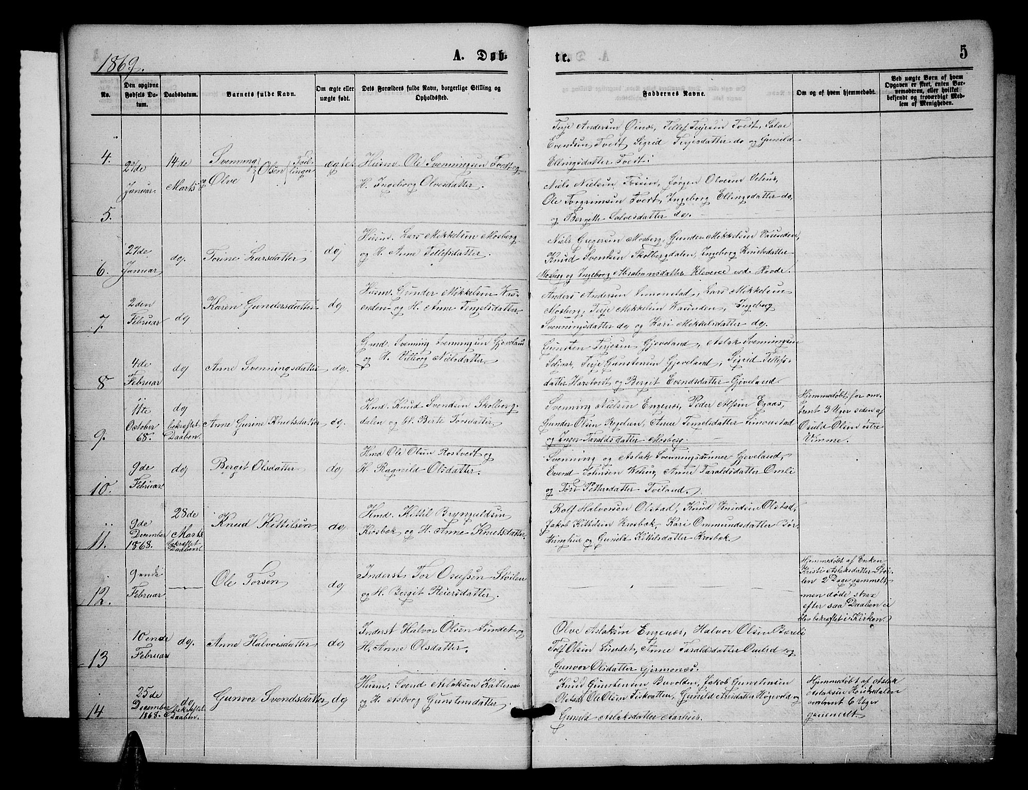 Åmli sokneprestkontor, SAK/1111-0050/F/Fb/Fbc/L0003: Parish register (copy) no. B 3, 1868-1888, p. 5