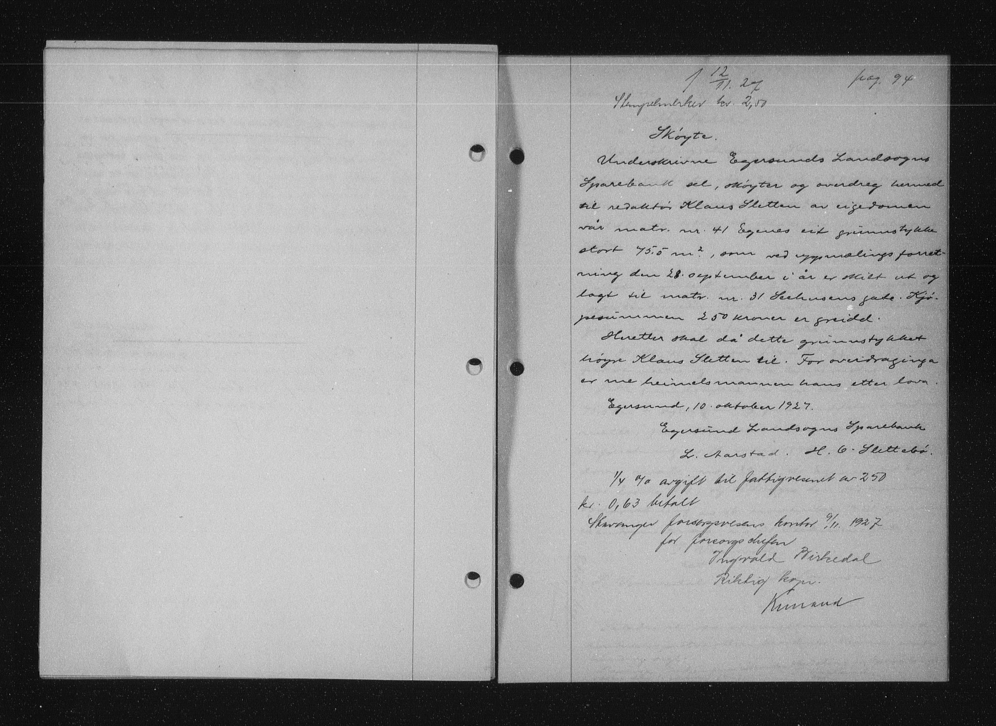 Stavanger byfogd, SAST/A-101408/001/4/41/410/410BB/L0053: Mortgage book no. 41, 1927-1928, Deed date: 12.11.1927
