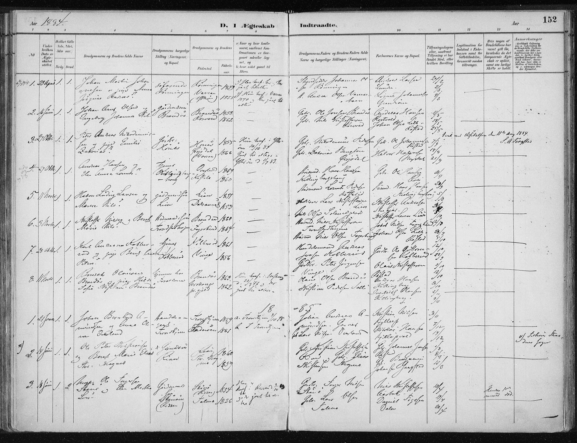 Ministerialprotokoller, klokkerbøker og fødselsregistre - Nord-Trøndelag, SAT/A-1458/701/L0010: Parish register (official) no. 701A10, 1883-1899, p. 152