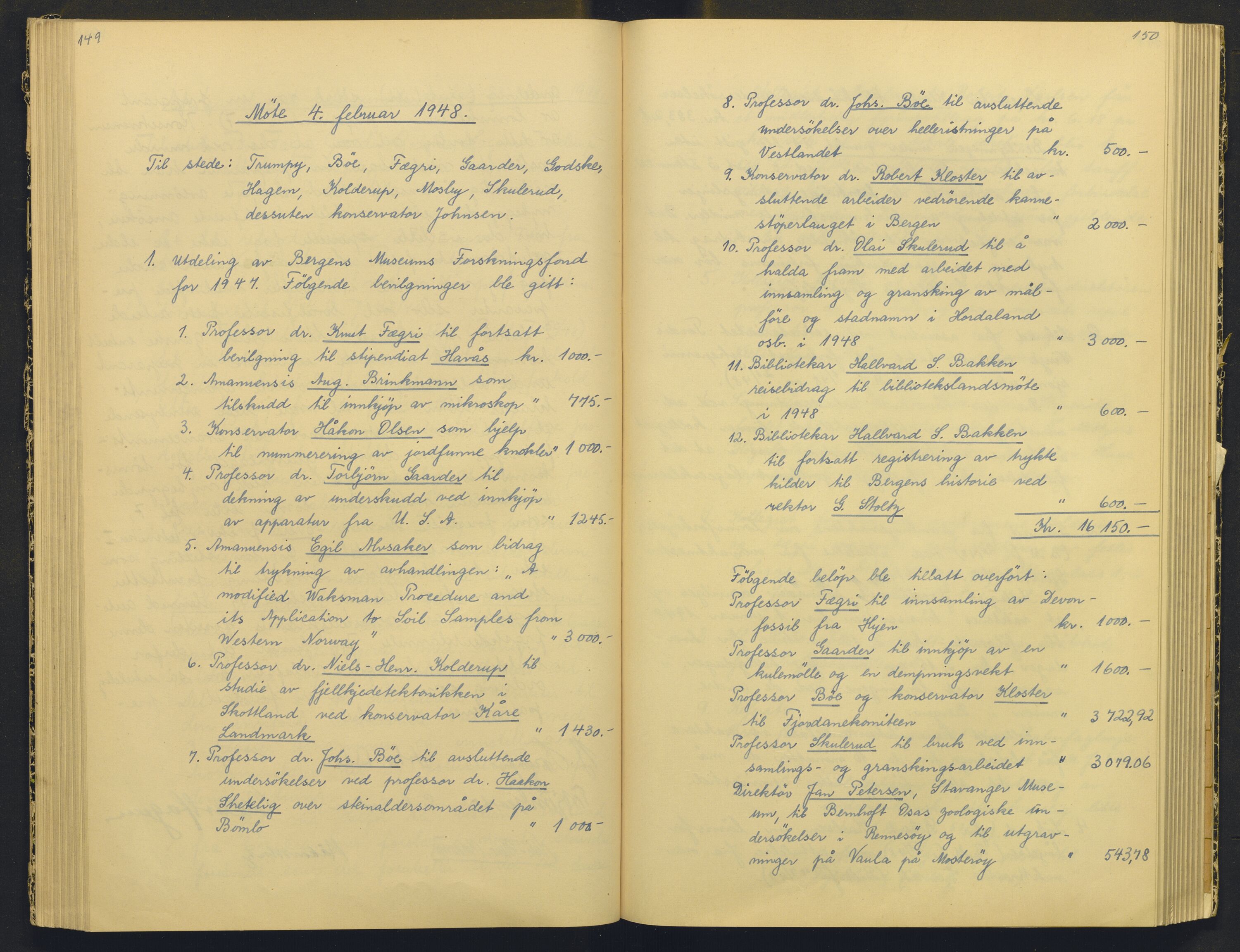 Bergens Museum, AV/SAB-A-17301/18/A/L0004: Professorkollegiets møtebok med register , 1945-1949, p. 149-150