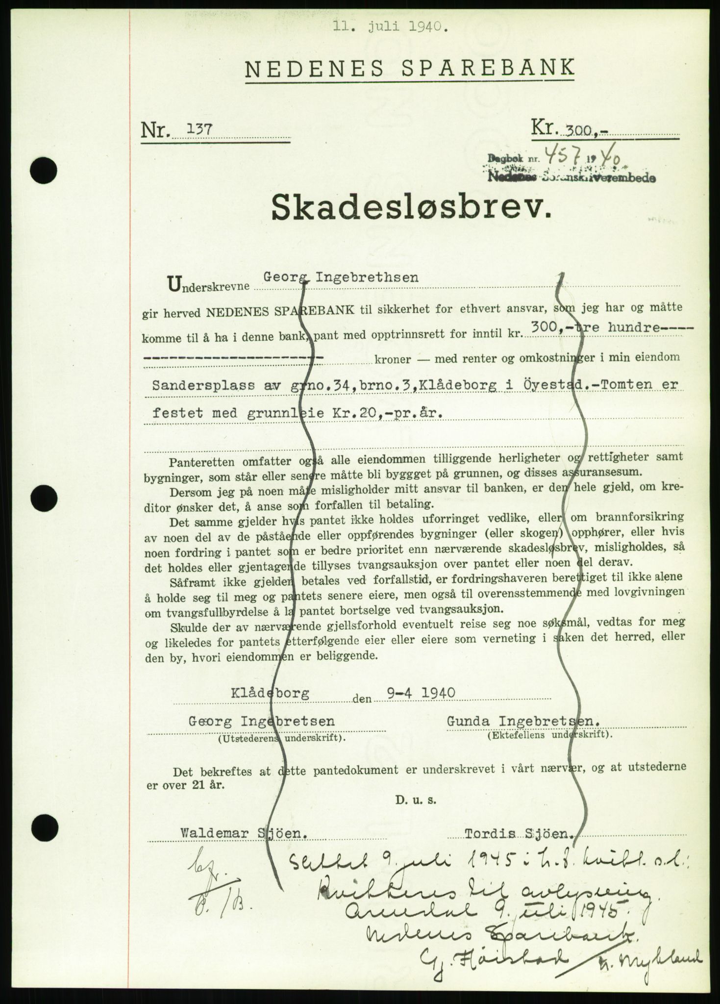 Nedenes sorenskriveri, AV/SAK-1221-0006/G/Gb/Gbb/L0001: Mortgage book no. I, 1939-1942, Diary no: : 457/1940