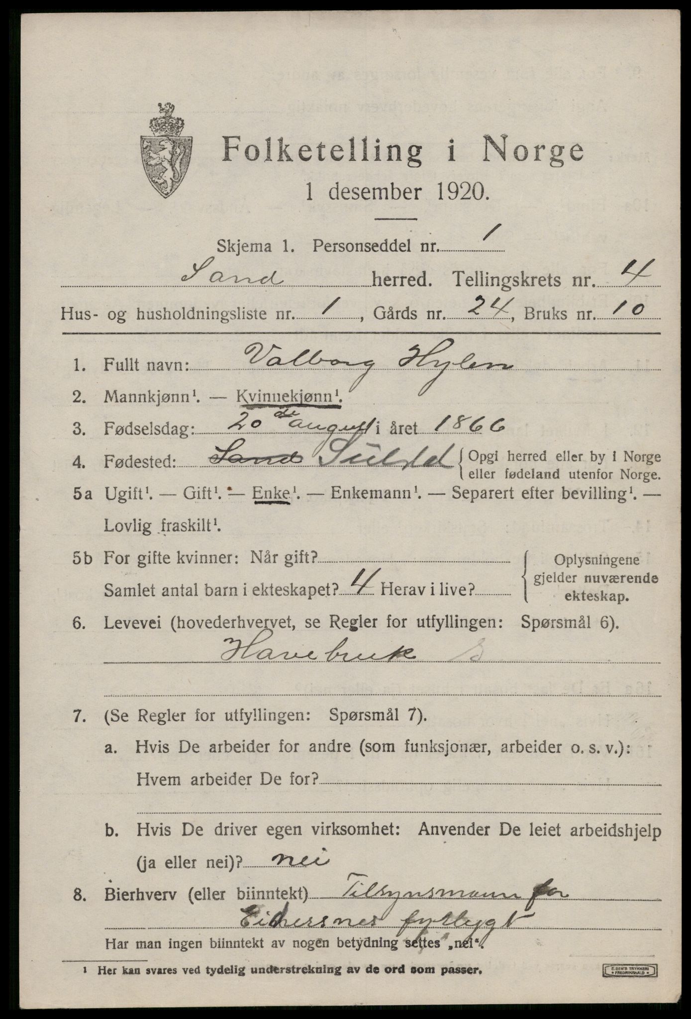 SAST, 1920 census for Sand, 1920, p. 1383