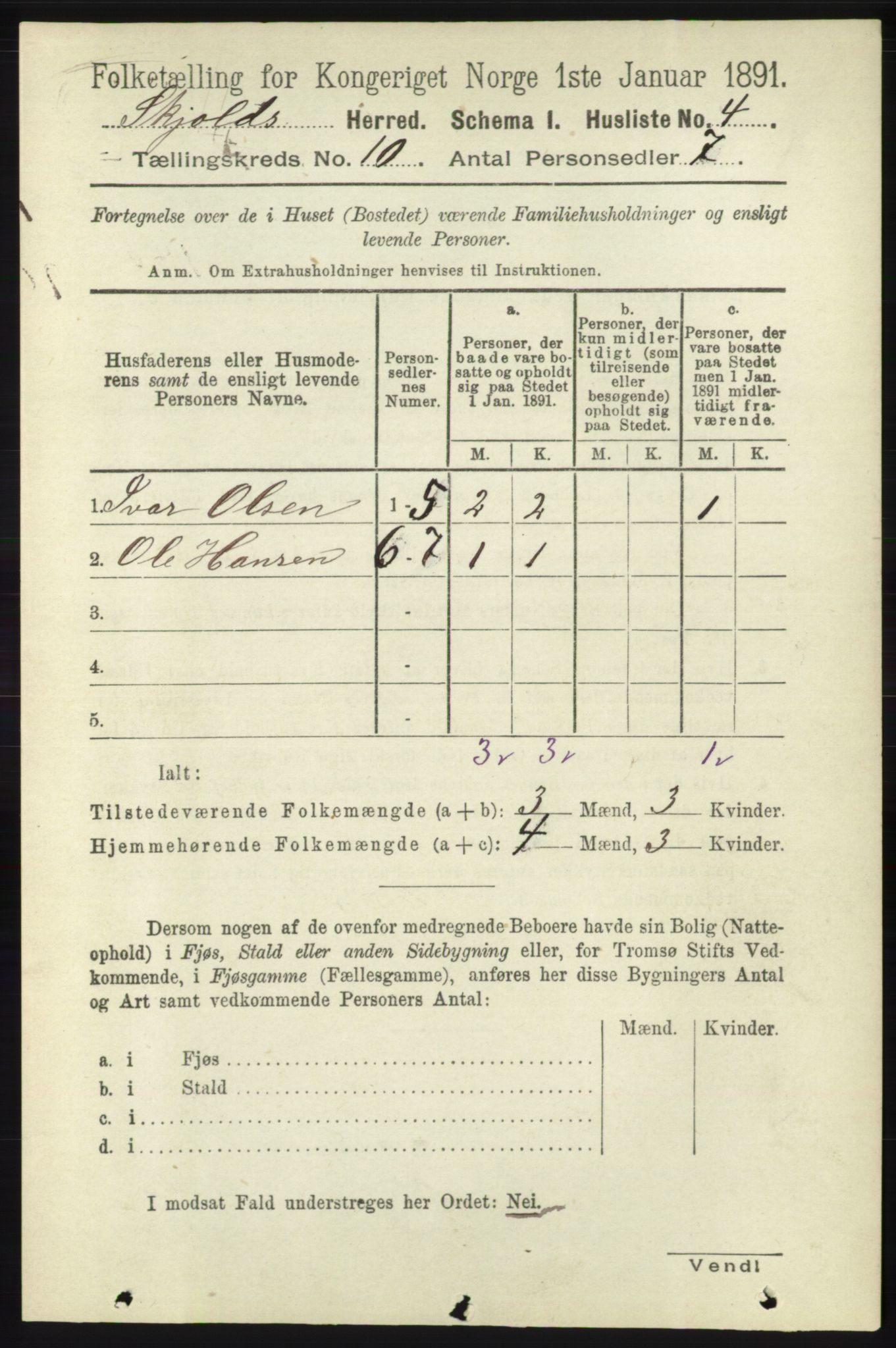 RA, 1891 census for 1154 Skjold, 1891, p. 1994