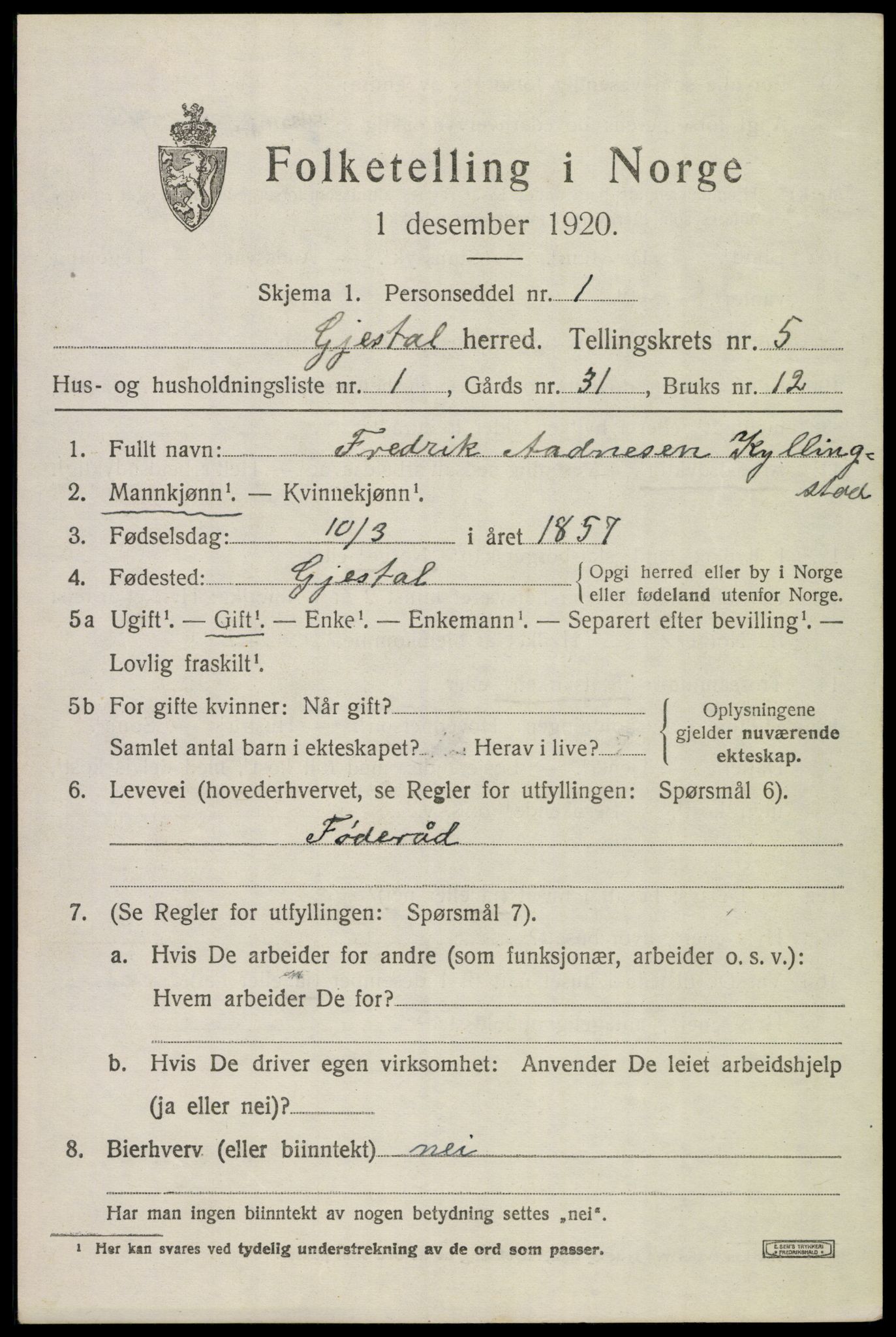 SAST, 1920 census for Gjesdal, 1920, p. 3100