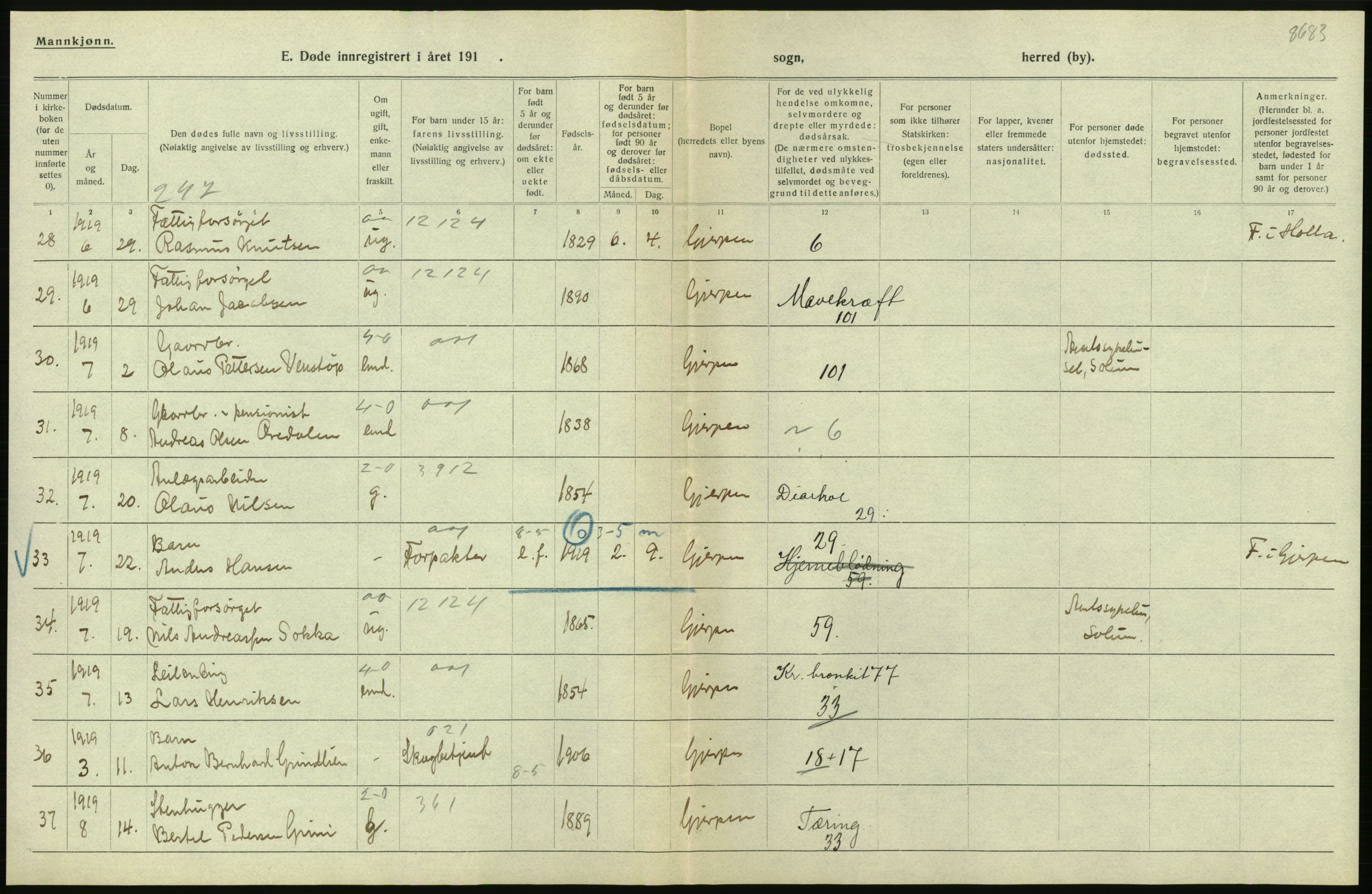 Statistisk sentralbyrå, Sosiodemografiske emner, Befolkning, AV/RA-S-2228/D/Df/Dfb/Dfbi/L0023: Telemark fylke: Døde. Bygder og byer., 1919, p. 48