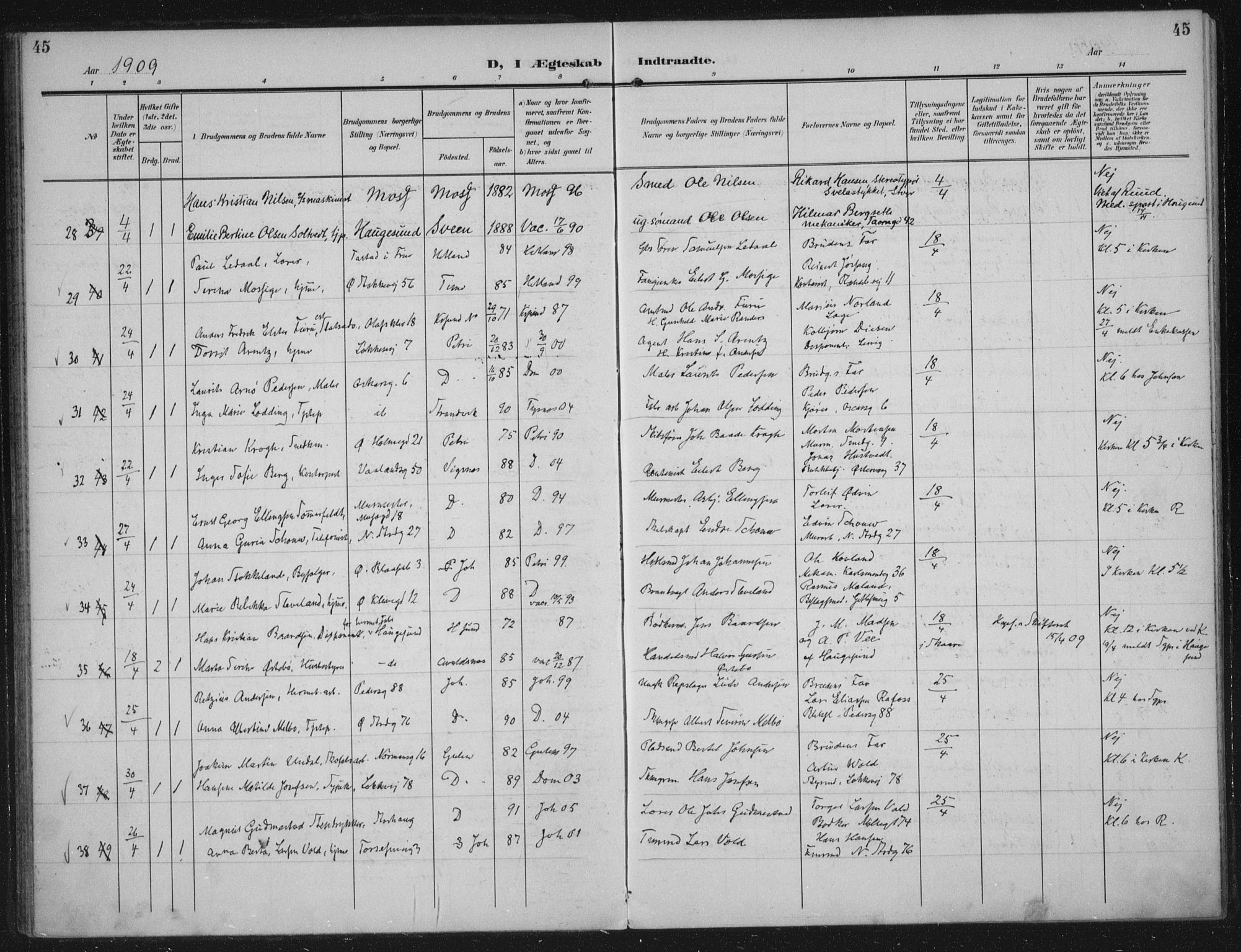 Domkirken sokneprestkontor, SAST/A-101812/002/A/L0016: Parish register (official) no. A 33, 1905-1922, p. 45