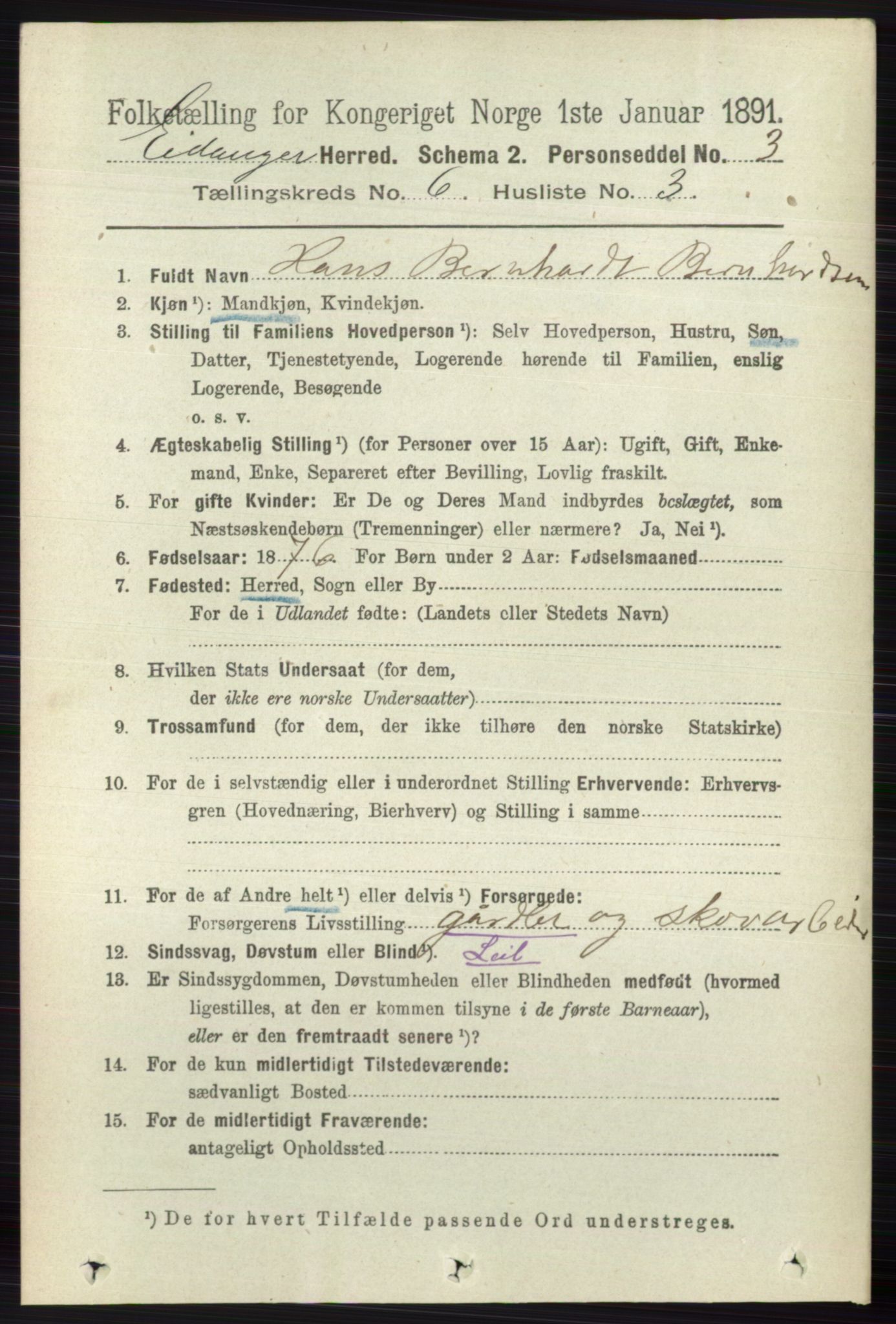 RA, 1891 census for 0813 Eidanger, 1891, p. 2579