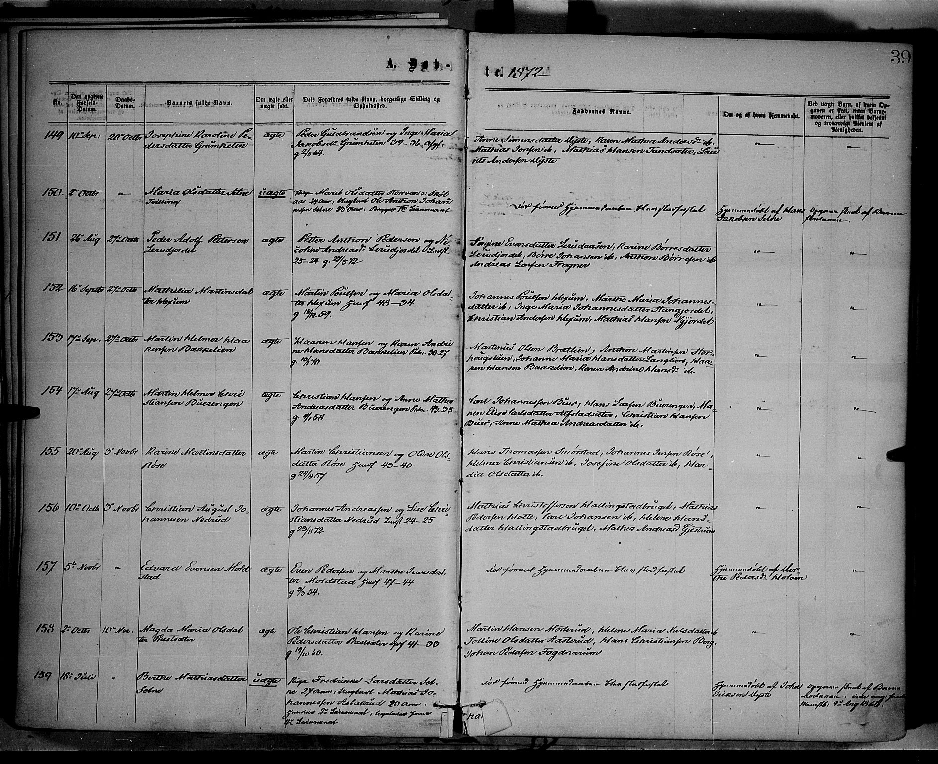 Vestre Toten prestekontor, SAH/PREST-108/H/Ha/Haa/L0008: Parish register (official) no. 8, 1870-1877, p. 39