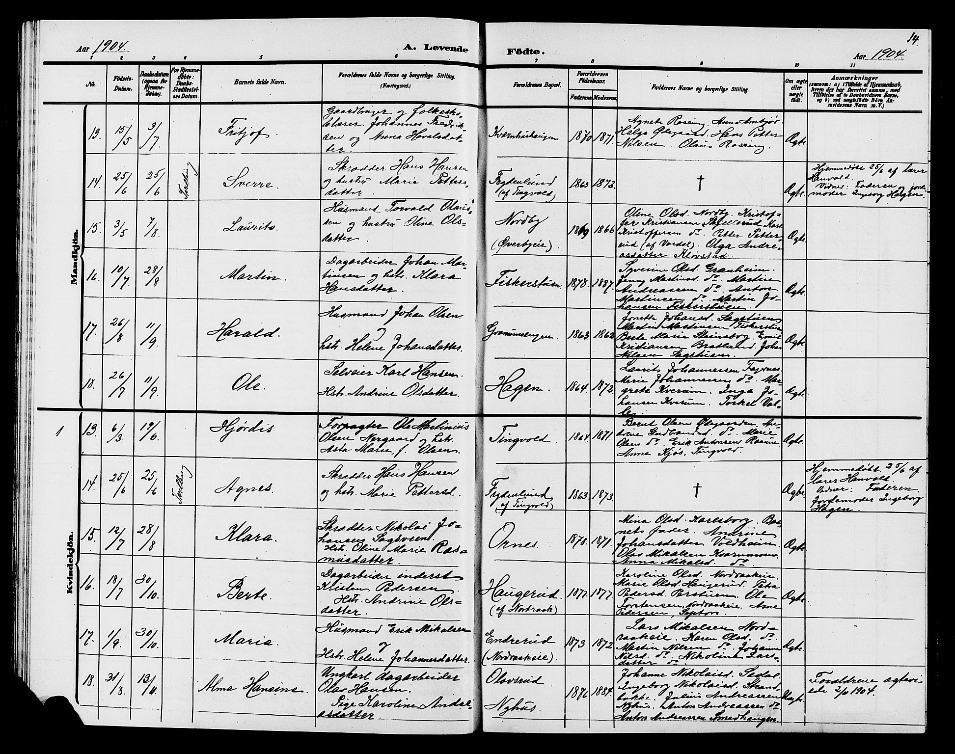 Søndre Land prestekontor, AV/SAH-PREST-122/L/L0005: Parish register (copy) no. 5, 1902-1911, p. 14