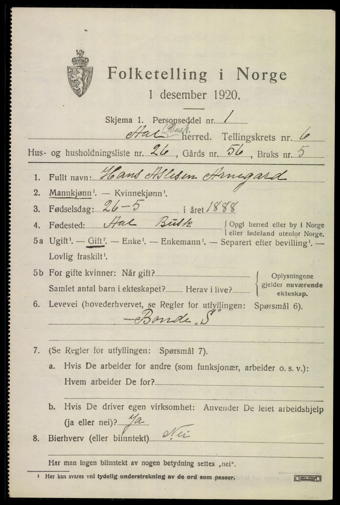 SAKO, 1920 census for Ål, 1920, p. 4620