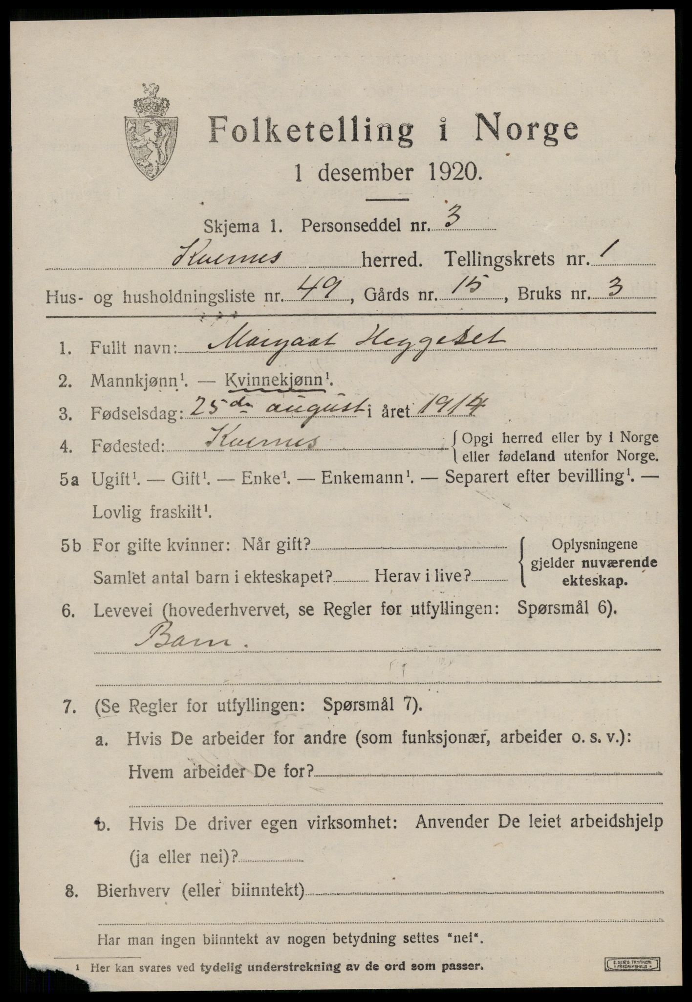 SAT, 1920 census for Kvernes, 1920, p. 939