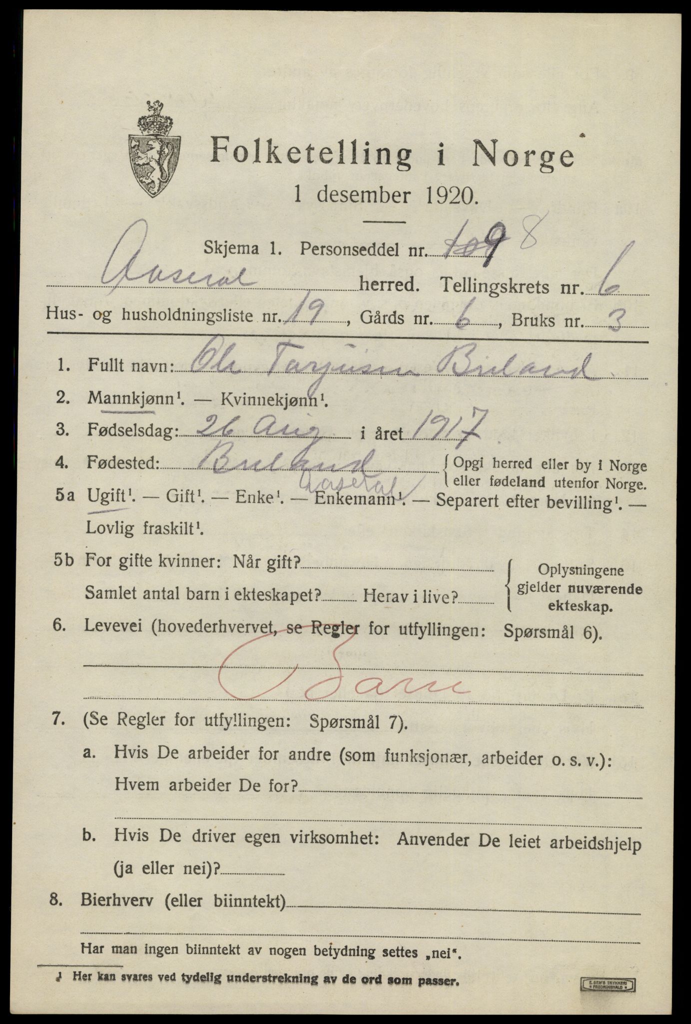SAK, 1920 census for Åseral, 1920, p. 2014