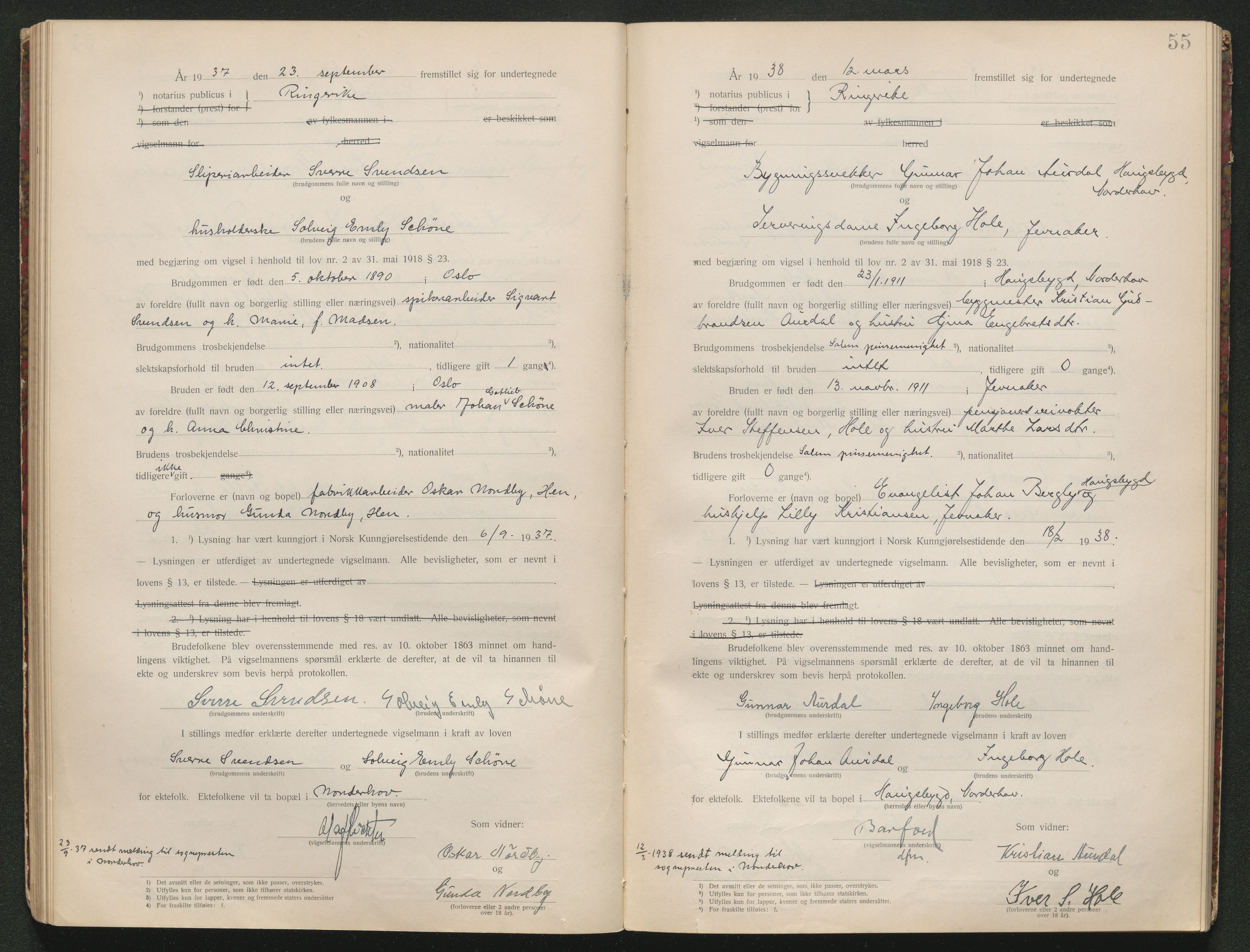 Ringerike sorenskriveri, AV/SAKO-A-105/L/Lc/L0001: Vigselsbok, 1920-1942, p. 55