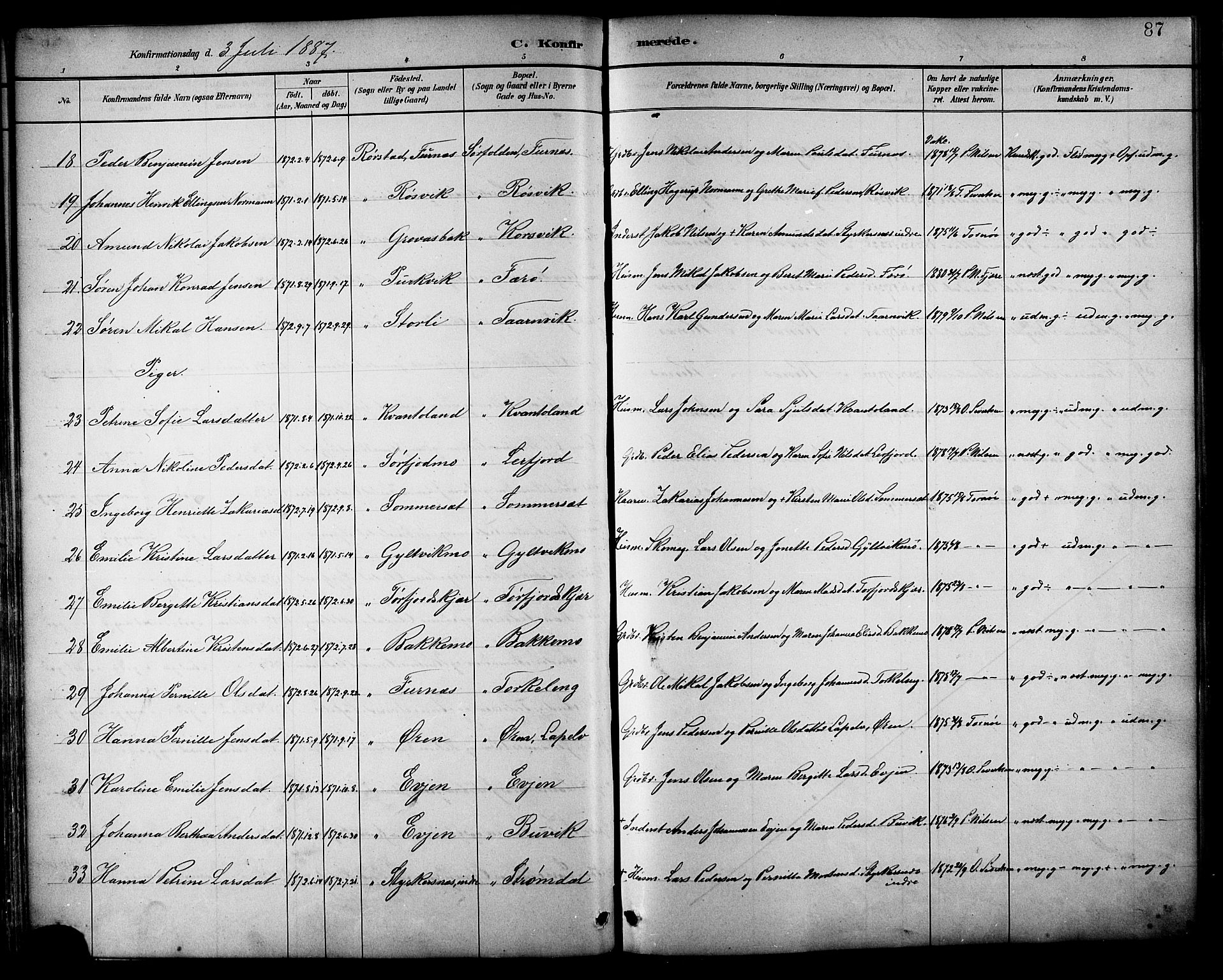 Ministerialprotokoller, klokkerbøker og fødselsregistre - Nordland, AV/SAT-A-1459/854/L0777: Parish register (official) no. 854A01 /1, 1883-1891, p. 87