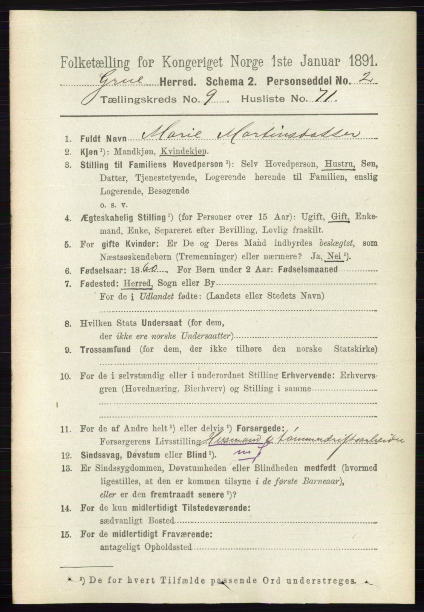 RA, 1891 census for 0423 Grue, 1891, p. 5284